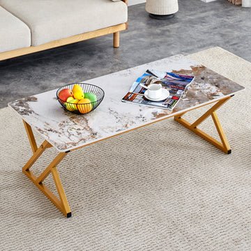 A Modern Minimalist Style Marble Patterned Coffee Table With Golden Metal Legs. Computer Desk. Game Table. Tea Table. Ct Xx Gold Sintered Stone