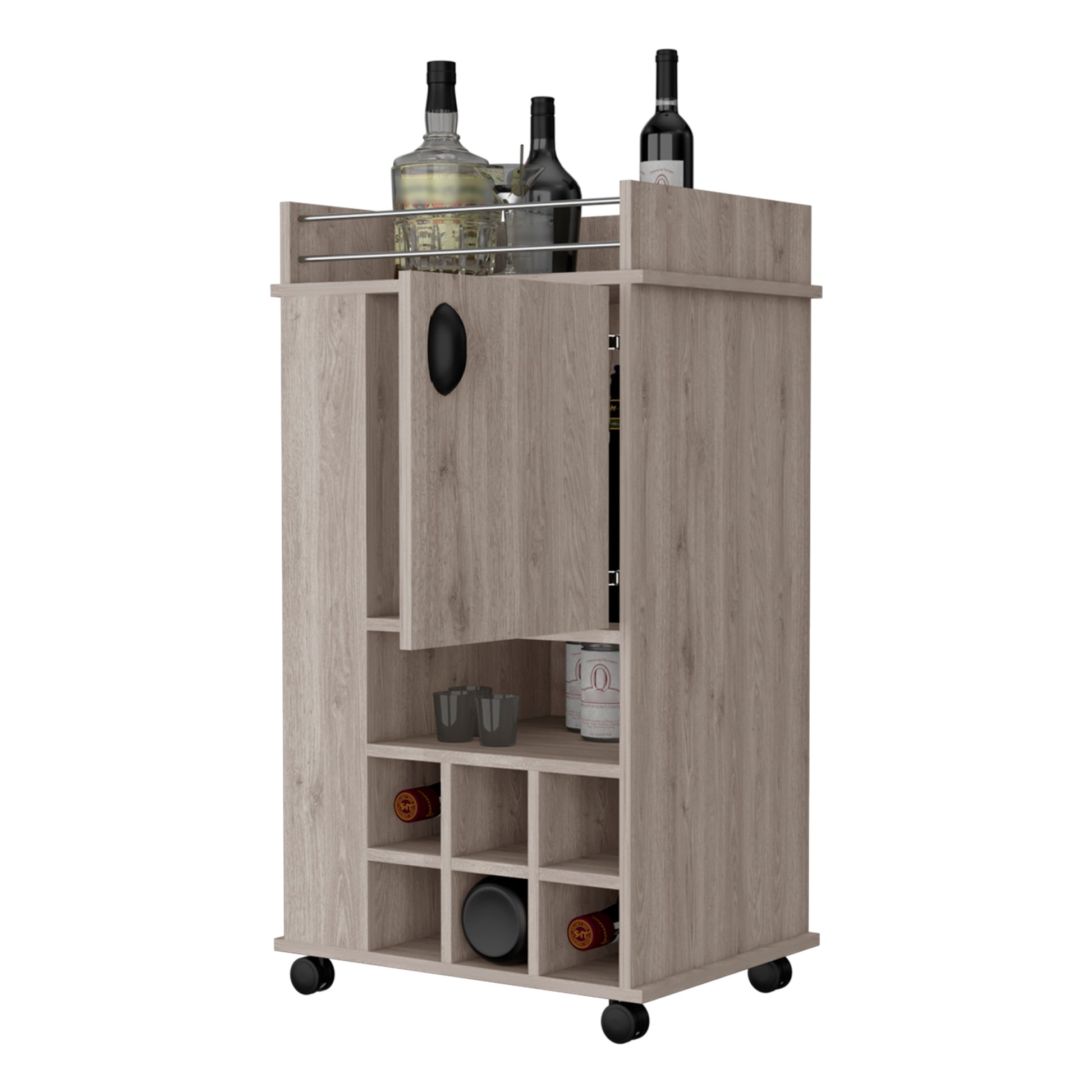 Farson Bar Cart With 2 Side Shelf, 6 Built In Wine Rack And Casters Freestanding 5 Or More Spaces Light Gray Primary Living Space Mobile Classic,Contemporary Pine Particle Board Engineered Wood