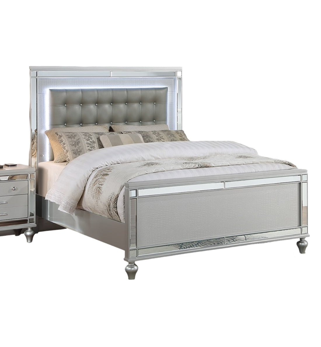 Beautiful Silver Tufted Faux Leather King Size Bed W Led Lights 1Pc Panel Bedframe Bedroom Box Spring Required King Silver Wood Bedroom Classic,Contemporary,Traditional Rubberwood Bed Frame Faux