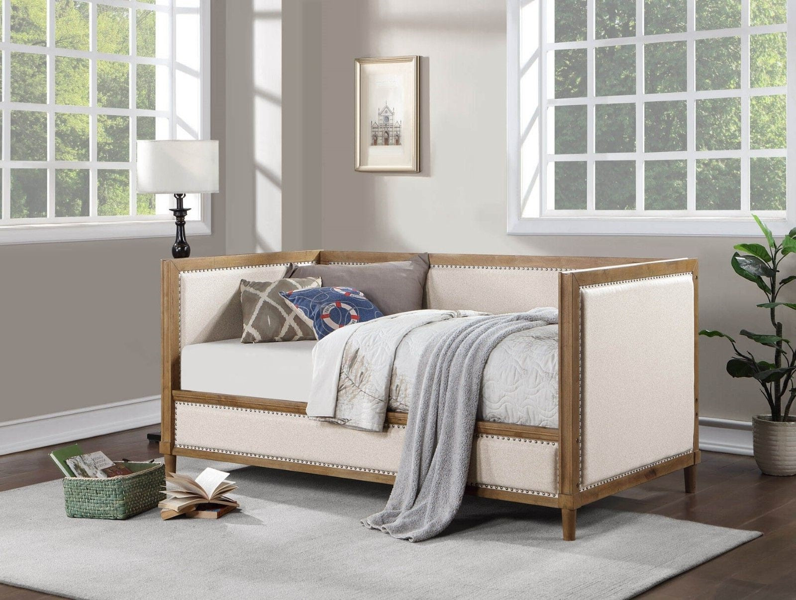 Beige Fabric Upholstered 1Pc Day Bed Light Oak Bed Frame Trim Bedroom Furniture Mattress Ready Twin Day Bed Box Spring Not Required Twin Beige Multi Wood Bedroom Classic,Contemporary,Modern,Transitional Solid Wood