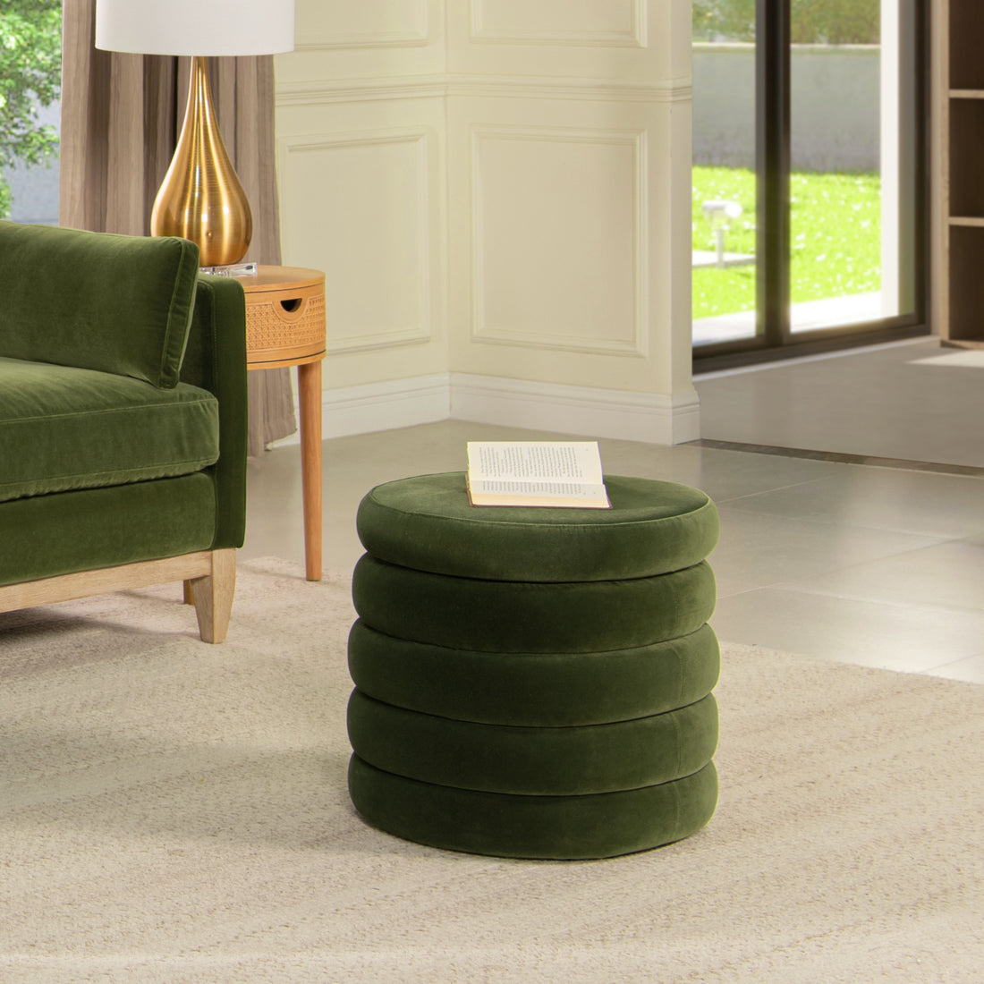 Fuji 19" Oversized Round Storage Ottoman, Olive Green Performance Velvet Olive Green Foam Velvet