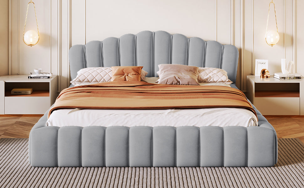 Velvet Upholstered Queen Bed Floor Bed Frame Shell Shaped Headboard For Bedroom,No Box Spring Needed,Light Blue Box Spring Not Required Queen Light Blue Wood Bedroom Contemporary Bed Frame Upholstered