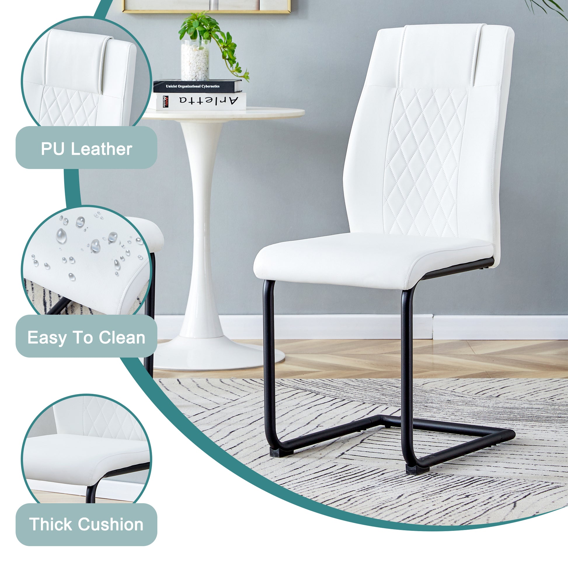 Table And Chair Set.Modern Rectangular Glass Dining Table With 0.39" Tempered Glass Tabletop And Black Metal Legs.Paired With Multiple Chairs Designed With Pu Cushions And Black Metal Legs. White Black Seats 6 Tempered Glass