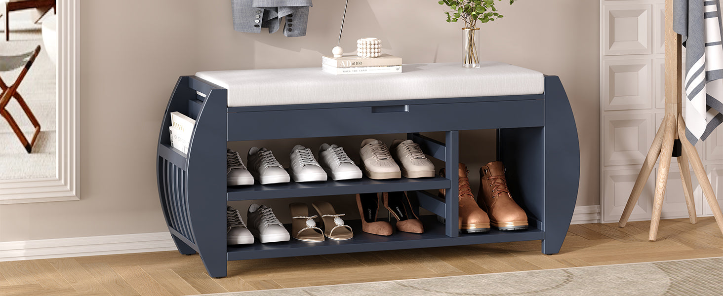 Retro Multifunctional Storage Bench With Cushion And Curved Side Panel For Entrance And Living Room Antique Navy Antique Navy Mdf