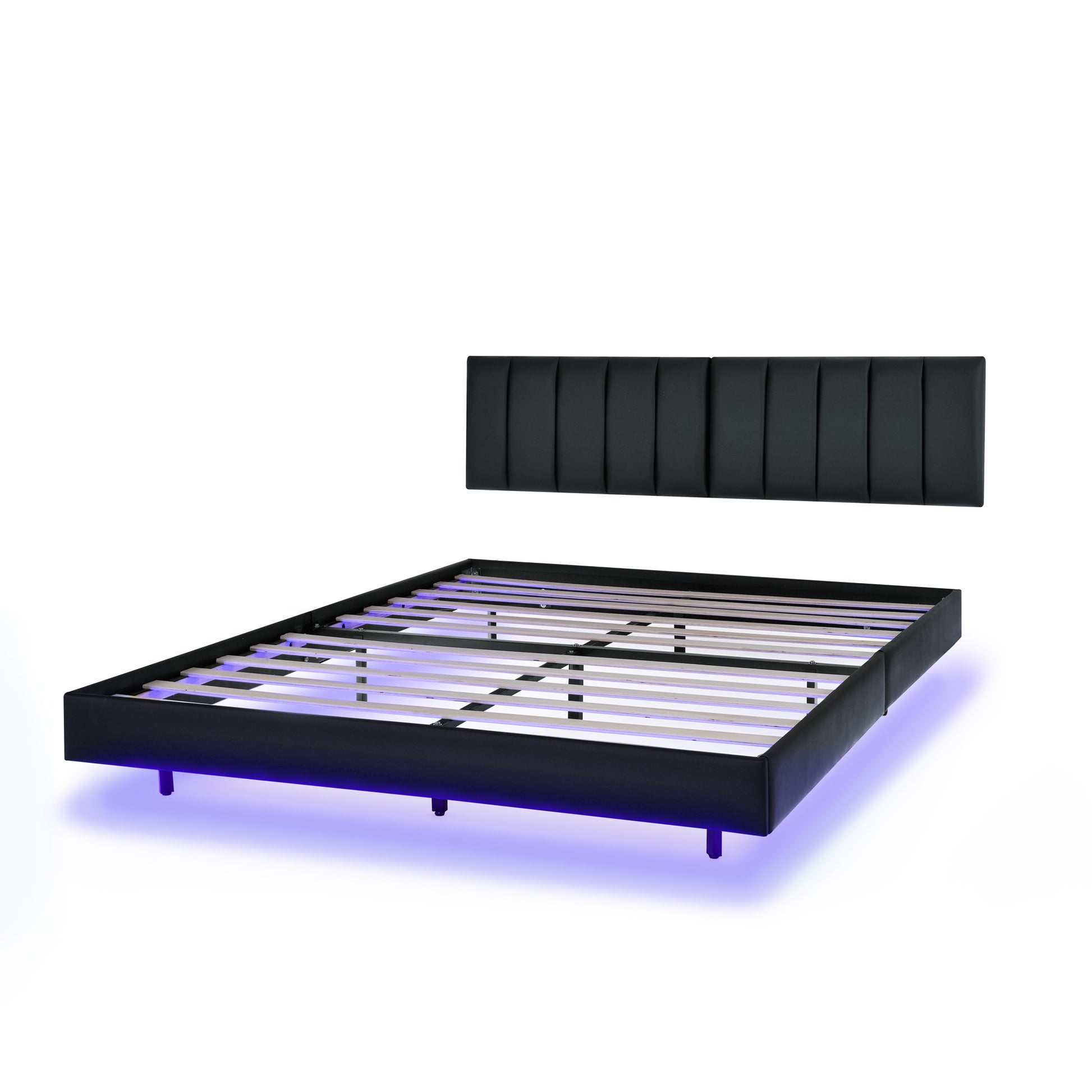 Queen Floating Bed Frame With Led Lights And Wall Mounted Headboard Modern Low Profile Led Platform Bed Frame Queen Size Faux Leather Upholstered Platform Bed Frame,No Box Spring Needed,Black Queen Black Pu