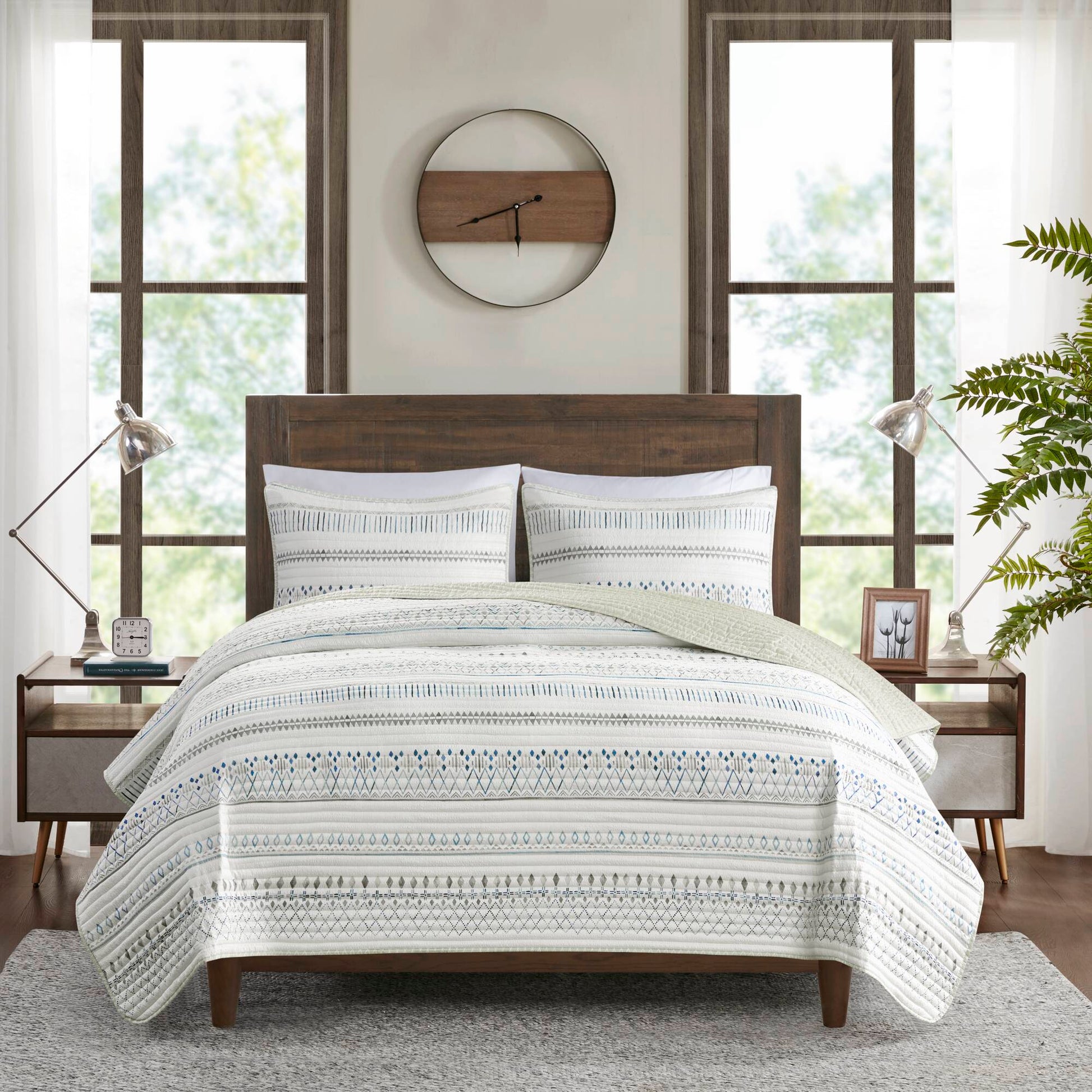 3 Piece Printed Microfiber Seersucker Quilt Set Taupe Blue Full Queen Full Taupe Blue Polyester