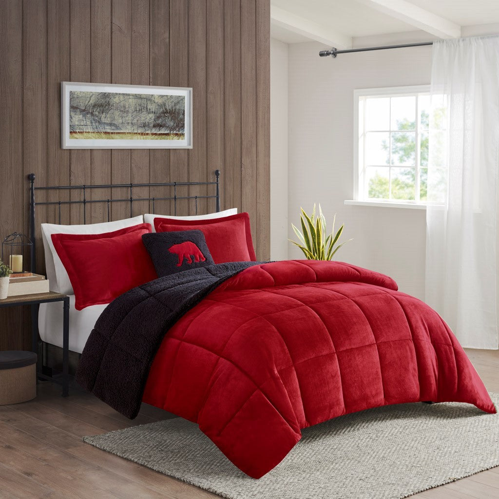 Plush To Sherpa Down Alternative Comforter Set King Red Black Polyester