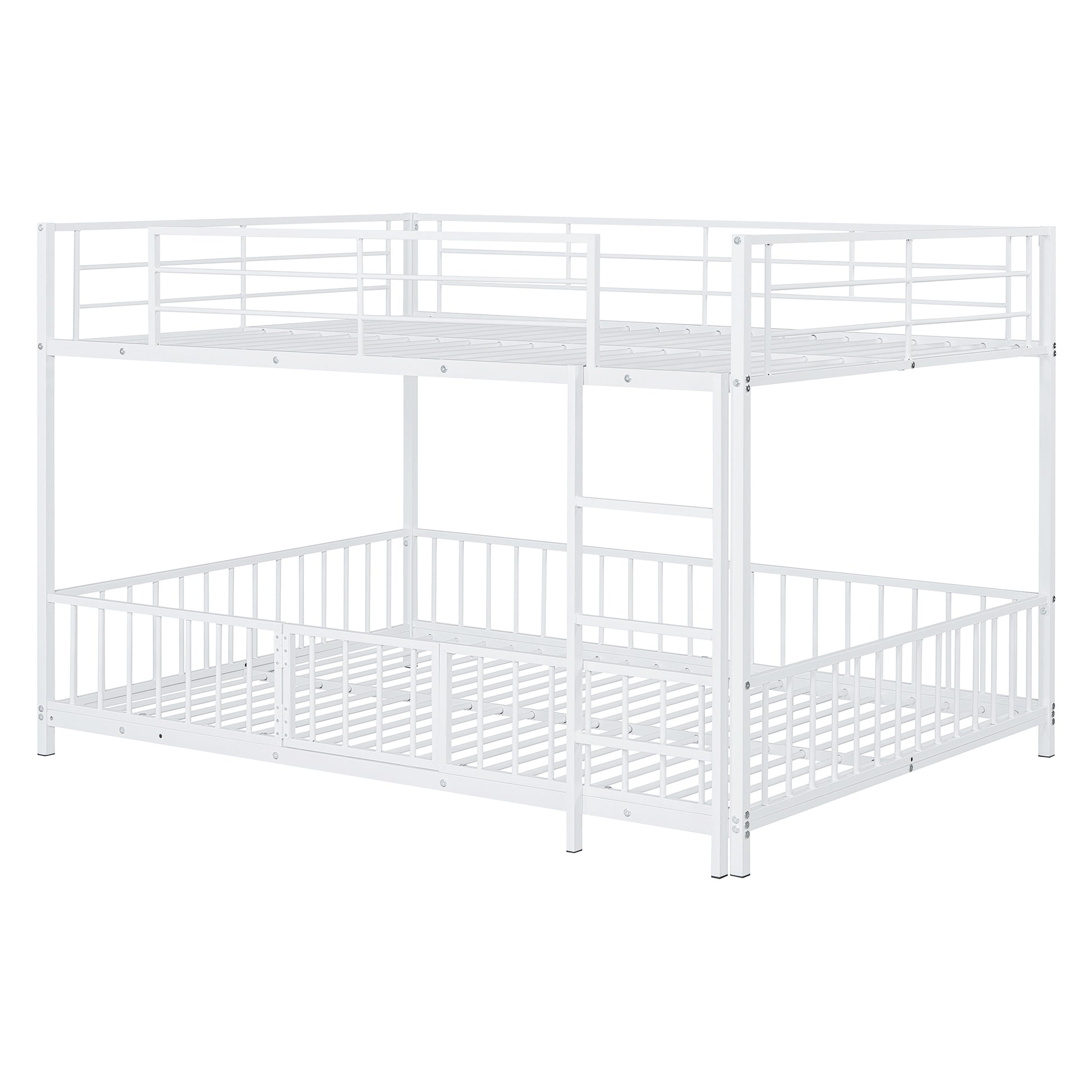 Full Over Full Size Metal Bunk Bed With Slide And Guardrails, White Full White Metal