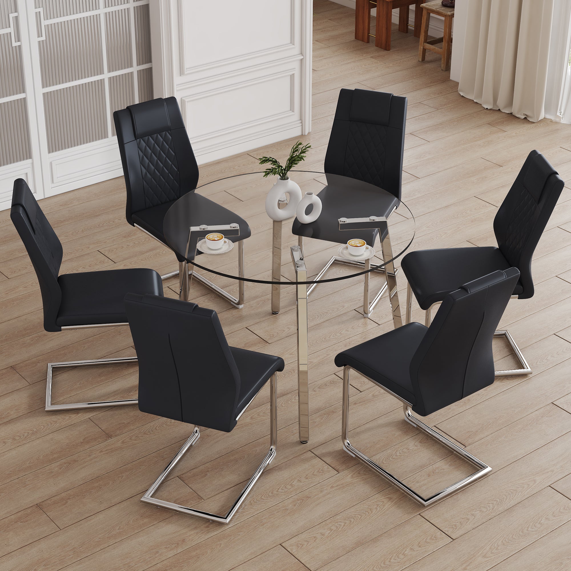 Table And Chair Set.A Modern Minimalist Style Round Clear Tempered Glass Table With Silver Metal Legs.Paried With 6 Chairs With Modern Pu Leather High Back Upholstered And C Tube Chrome Legs. Black,Silver Seats 6 Glass Metal