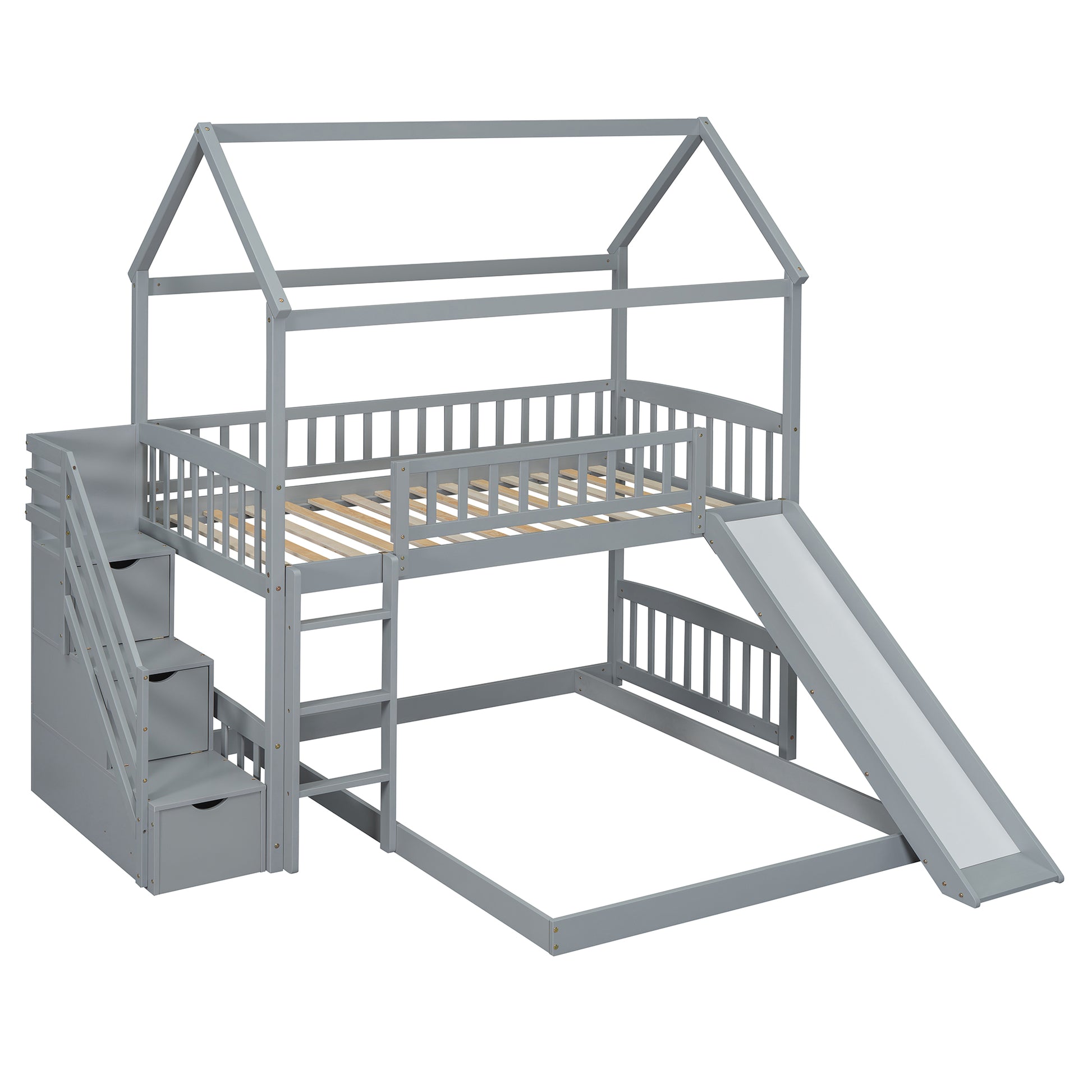 Twin Over Twin Bunk Bed With Two Drawers And Slide, House Bed With Slide, White Old Sku :Lt000129Aae Gray Pine