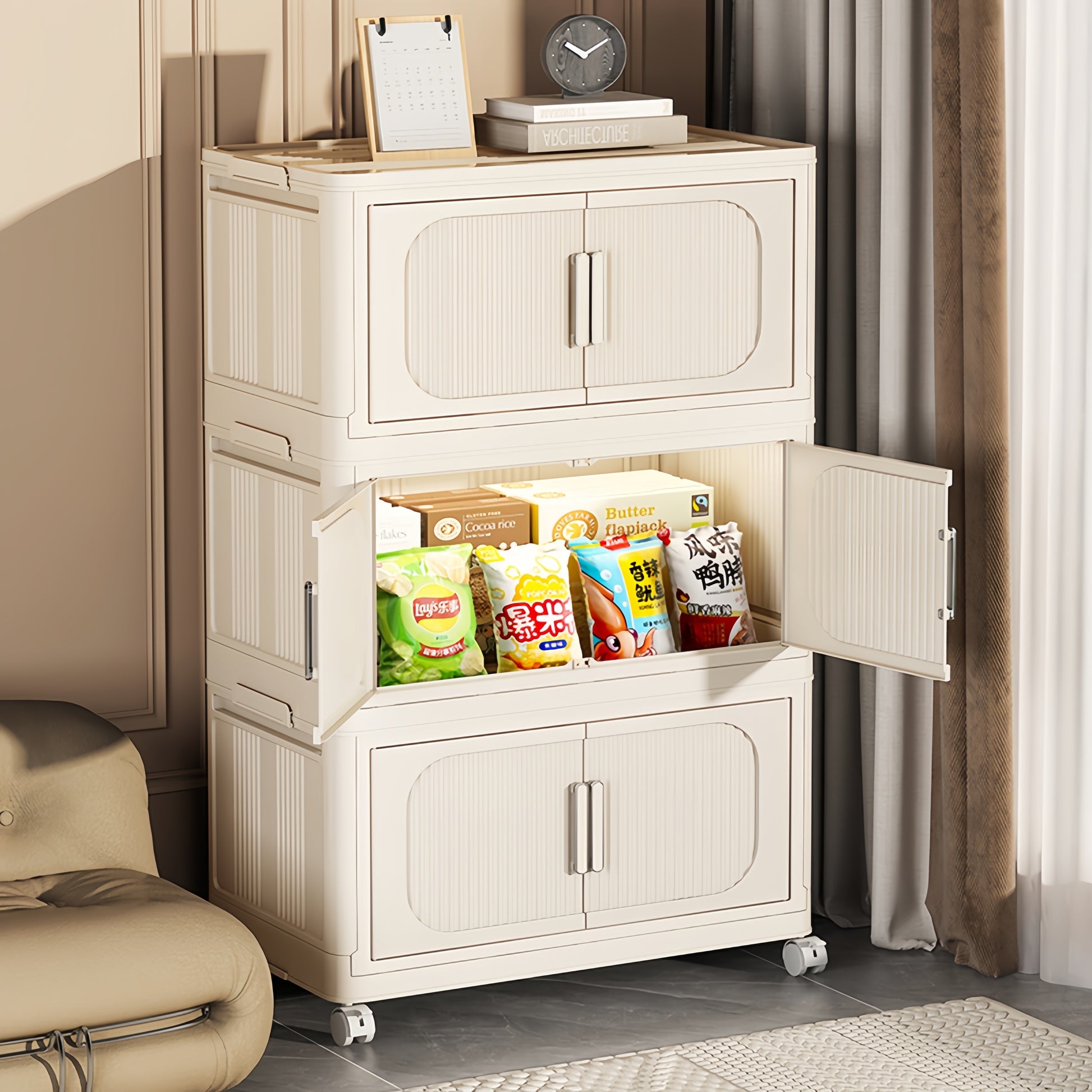 Cream White,19.69" Side Wide Folding Storage Cabinet ,4 Tiers,19.69" 11.81" 40.55",Collapsible Storage Bins With Magnetic Door, Plastic Storage Cabinet With Wheels Cream White Plastic