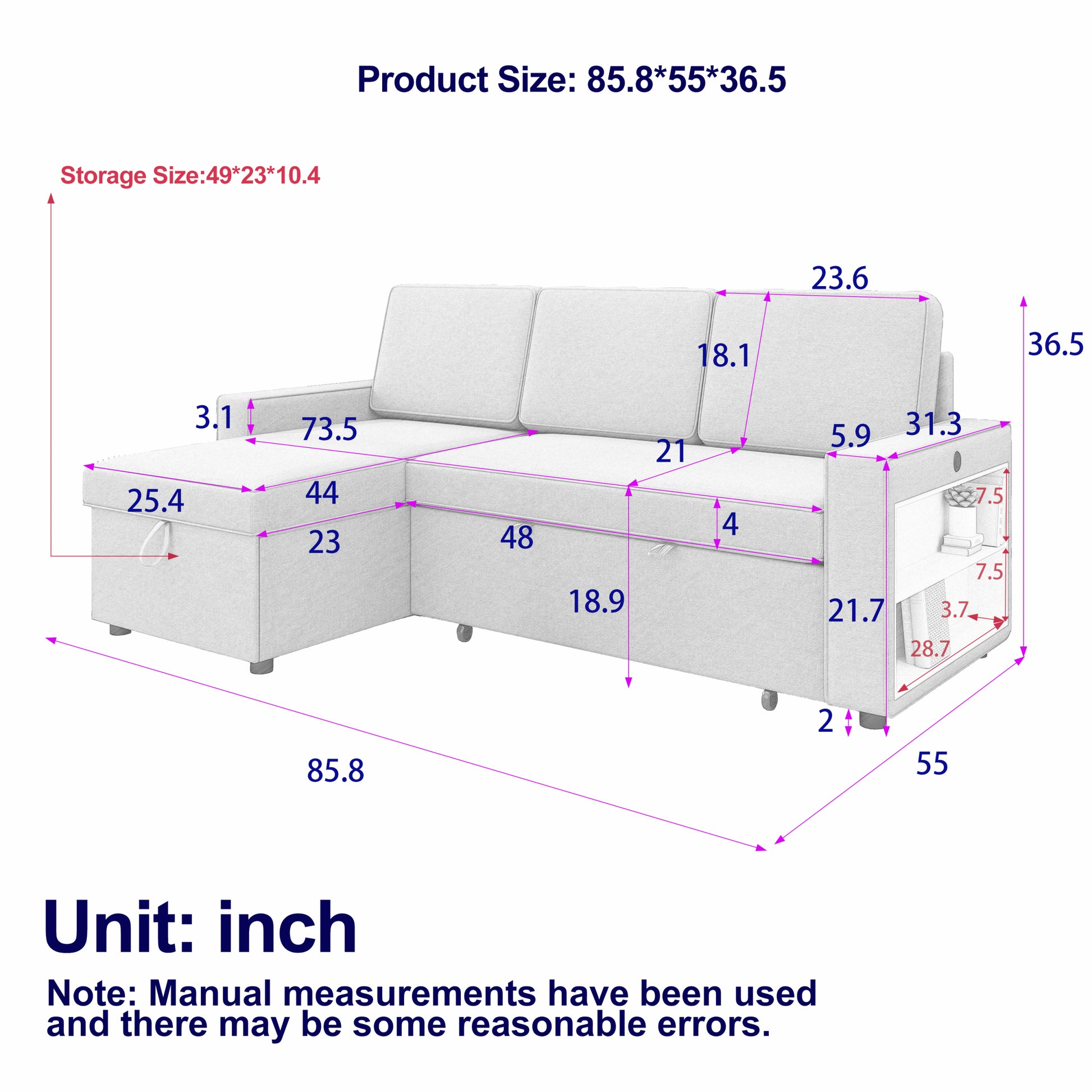 85.8" Pull Out Sleeper Sofa L Shaped Couch Convertible Sofa Bed With Storage Chaise And Storage Racks,With Usb Port And T Pyce Port Light Grey Fabric 3 Seat