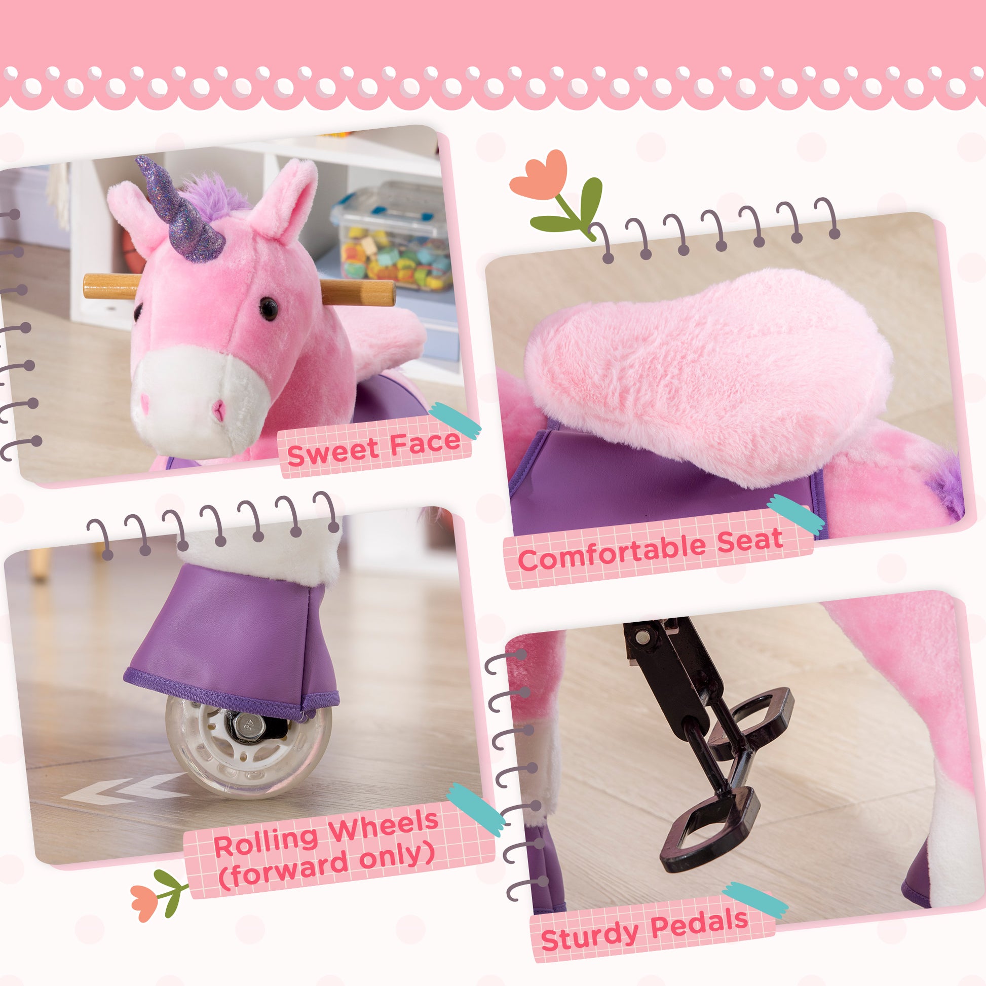 Qaba Ride On Real Walking Unicorn With Sparkly Horn, Soft Plush Ride On Rocking Horse Bearing 176Lbs, Imaginative Interactive Toy For Kids, Unicorn Gifts Pink Steel