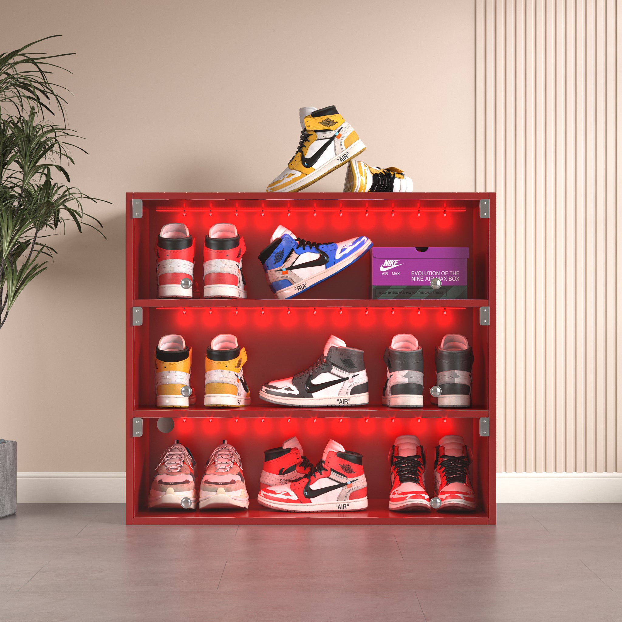 Red Led Light Shoe Box Three Layers With Glass Doors Filing Cabinets 3 4 Shelves Red Built In Lighting American Design,American Traditional,Antique Wood Glass