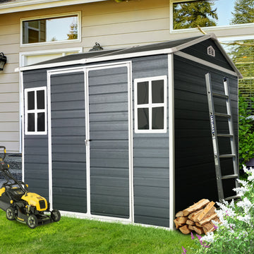 6X8Ft Resin Outdoor Storage Shed With Two Window And Floor, Black Black Polypropylene