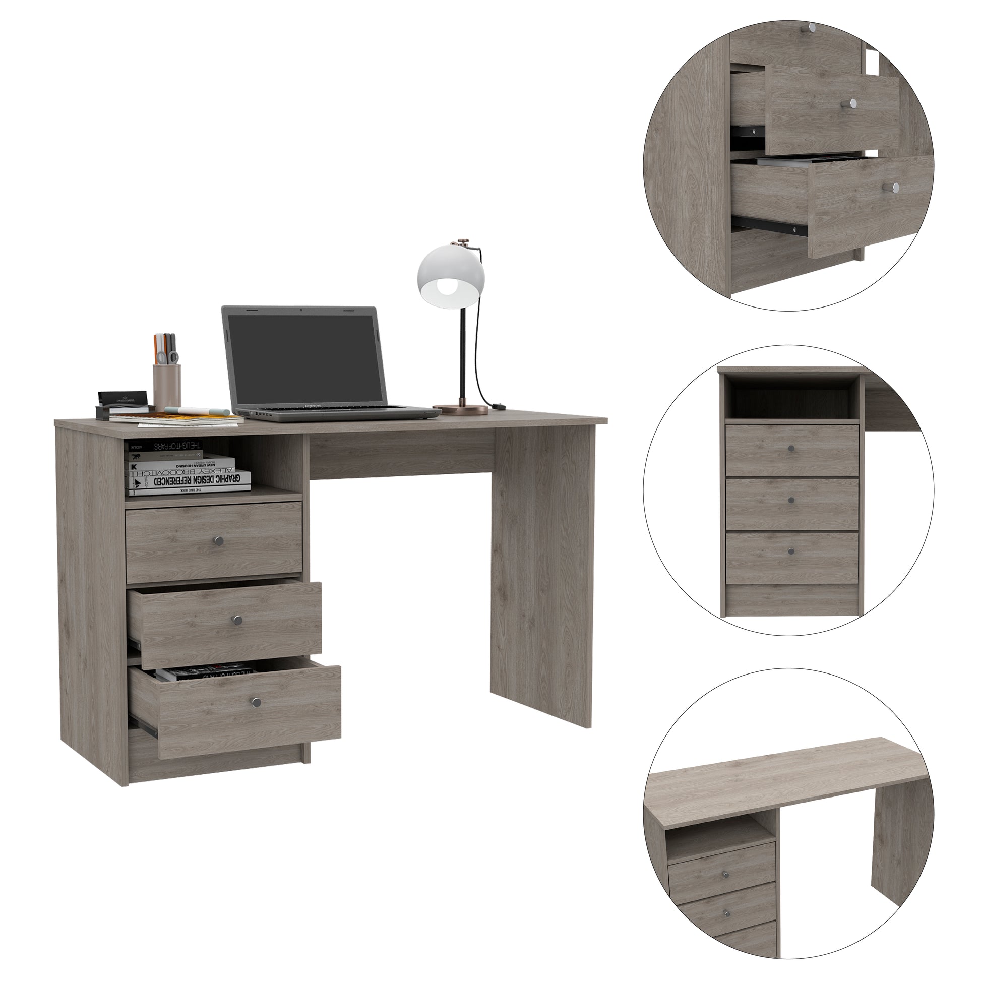 Computer Desk With 1 Open Storage Shelf, 3 Drawers, Light Gray Light Gray Solid Wood Mdf Engineered Wood