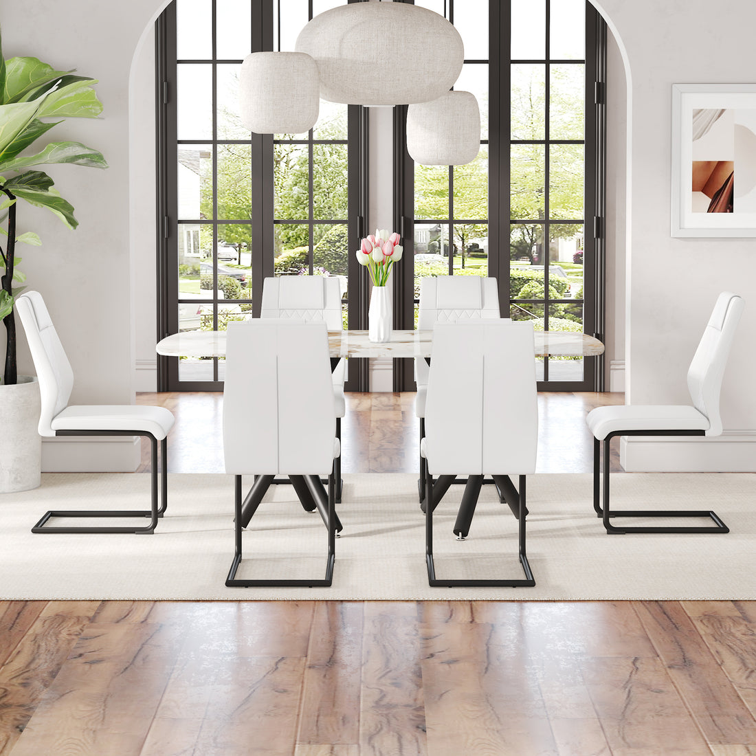 1 Table And 6 Chairs Set.A Rectangular Dining Table With A 0.39 Inch Imitation Marble Tabletop And Black Metal Legs.Paired With 6 Chairs With Pu Leather Seat Cushion And Black Metal Legs.F 1538,C 001 White Black Glass Metal