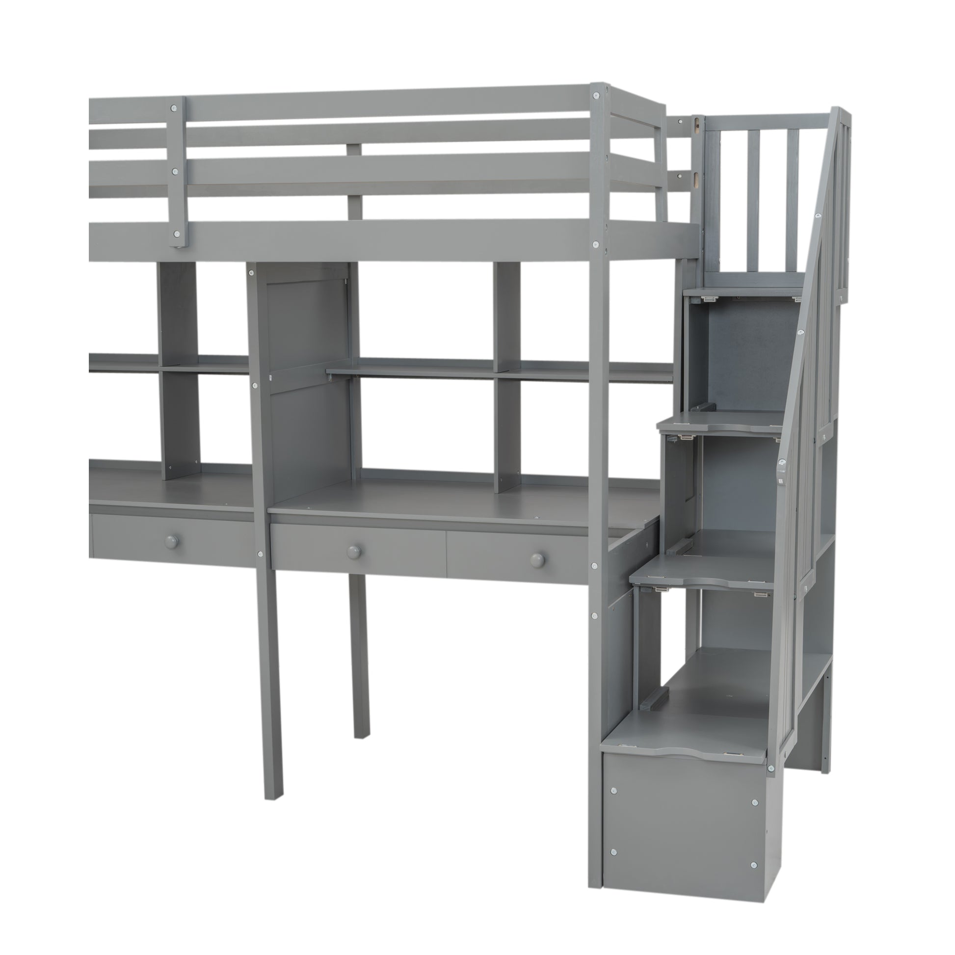 Twin Size Loft Bed Frame With Storage Staircase And Double Desks And Shelves,Gray Twin Gray Solid Wood Mdf