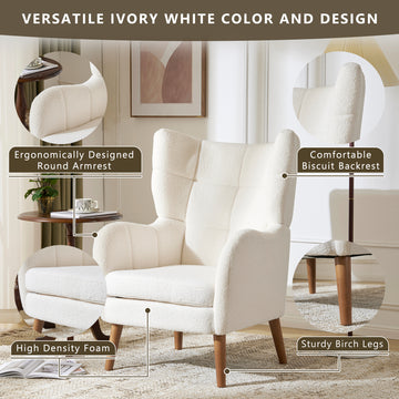 Mid Century Accent Chair, Ivory White, Modern Retro Club Chair, Birch Frame, Upholstered Teddy Wool Fabric, Single Sofa Armchair For Small Spaces, Living Room, Bedroom, Reading Corner, Balcony,Office Ivory White Espresso Primary Living Space