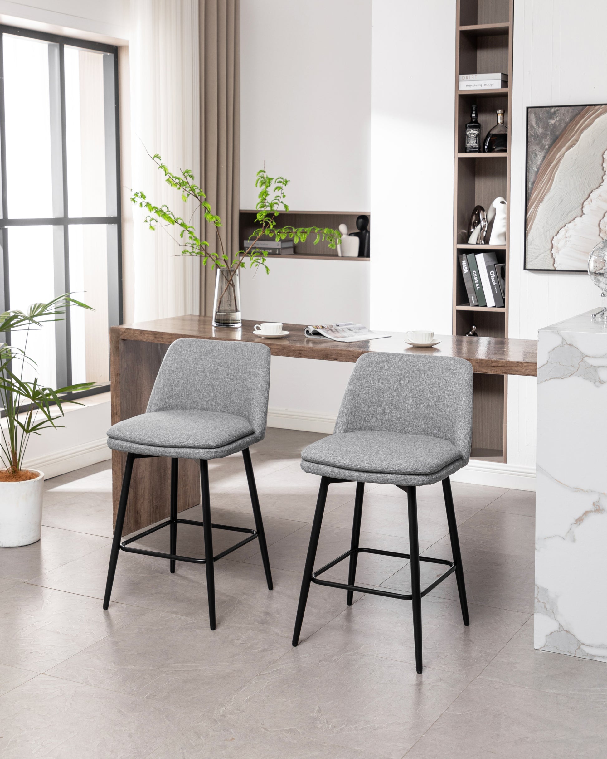 Counter Height Swivel Bar Stools Set Of 2, 360 Swivel Upholstered Barstools With Back And Metal Legs, 25.6" Seat Height,Counter Stools For Kitchen Island And Pub,Linen Cloth,Grey Light Grey Set Of 2 Linen