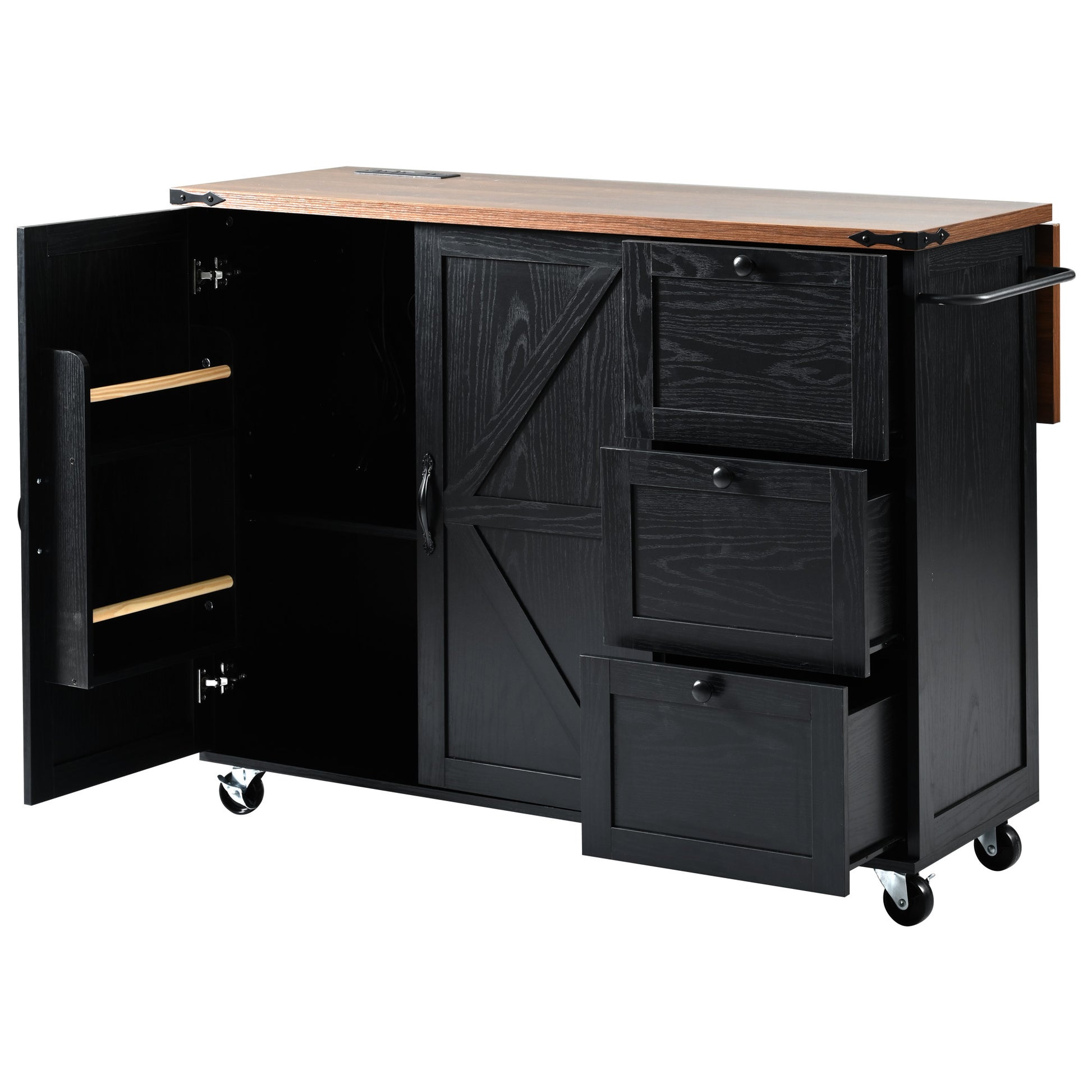 K&K 54.5" Farmhouse Kitchen Island With Power Outlet, Kitchen Storage Island With Internal Storage Rack, Drop Leaf, Spice Rack, Rolling Kitchen Cart On Wheels, For Home, Kitchen And Dining Room,Black Black Brown Kitchen Classic,Farmhouse,Luxury,Modern