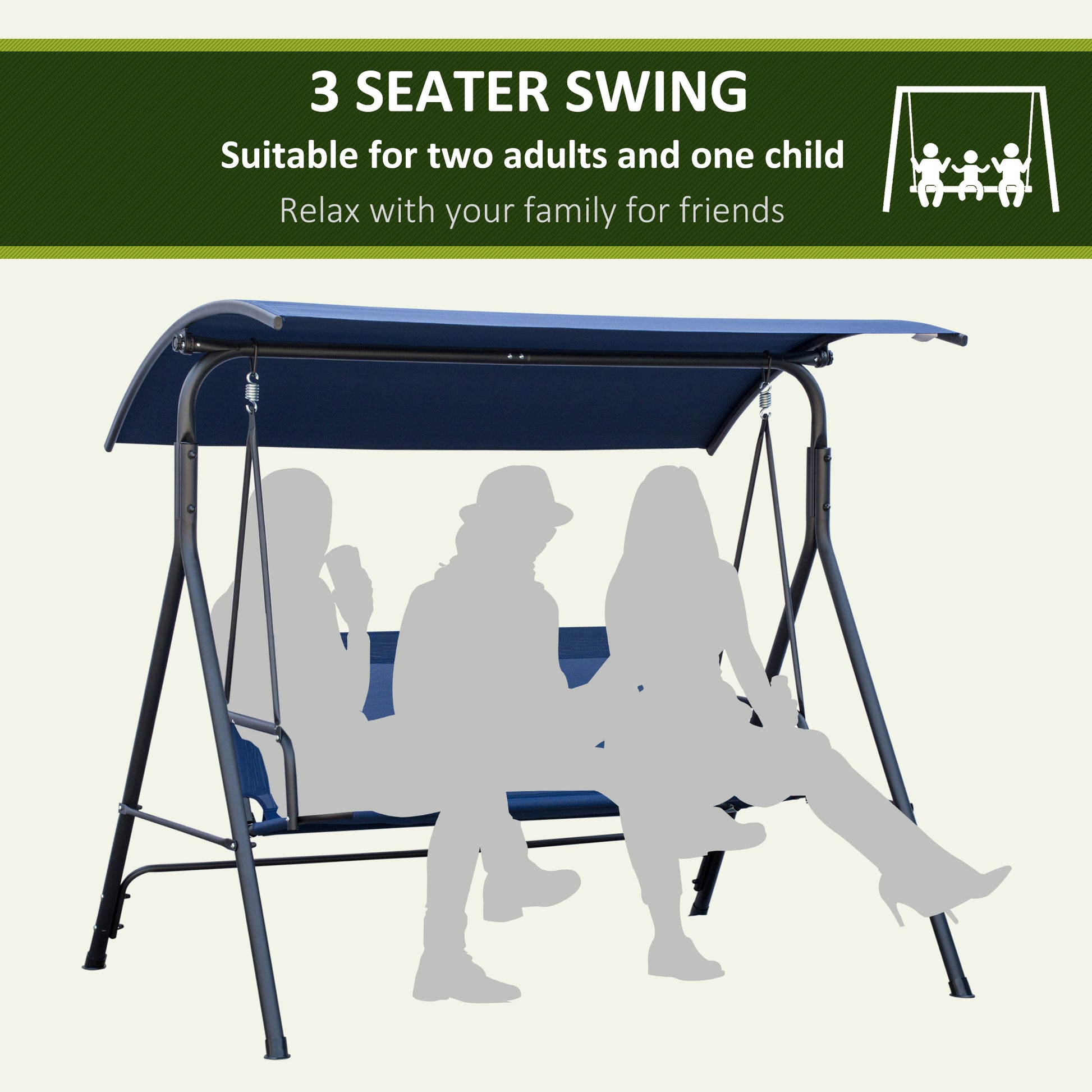 Outsunny 3 Person Porch Swing Bench With Stand & Adjustable Canopy, Armrests, Steel Frame For Outdoor, Garden, Patio, Porch & Poolside, Dark Blue Blue Steel