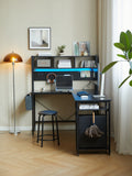 94.5 Inch Home Office Desk L Shape Gaming Desk With Led Storage Shelves Metal Pannel And Stool Black Black Marble Metal