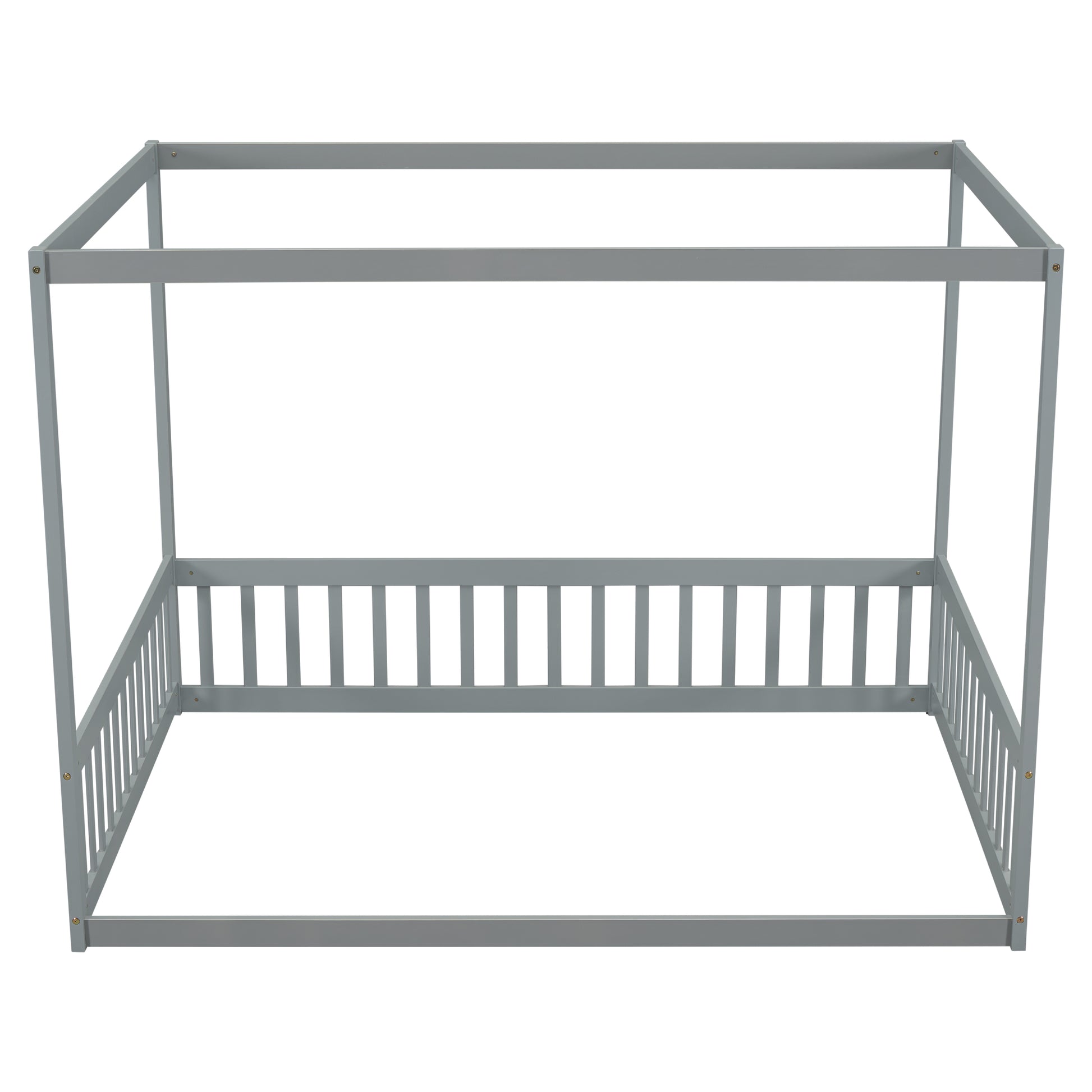 Full Size Canopy Frame Floor Bed With Fence, Guardrails,Grey Full Grey American Design Pine