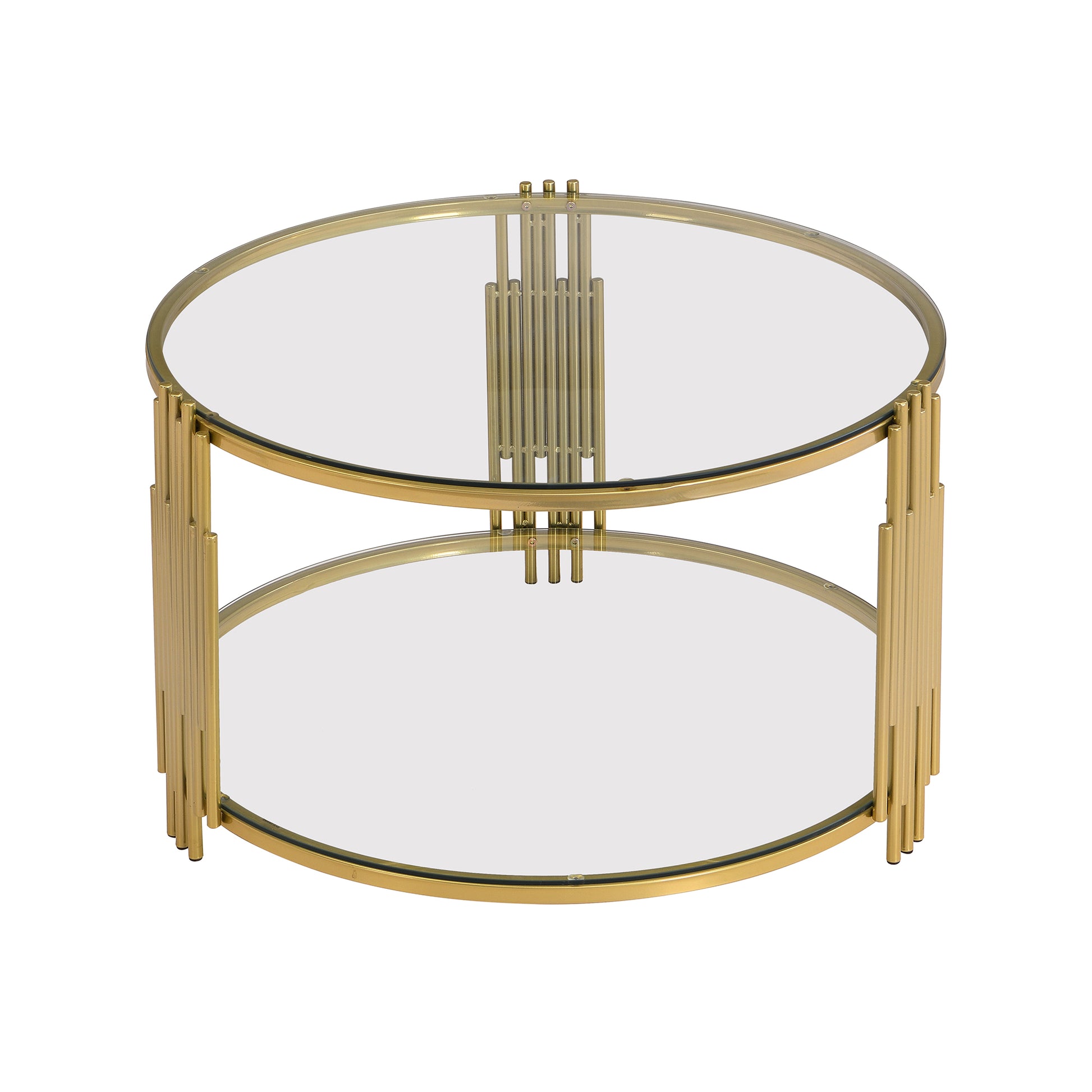 Modern Glass Coffee Table In 31.5", Asymmetrical Metal, Circular Metal Drum Base, Gold Finish & Lower Shelf Transparent Tempered Glass
