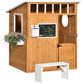 Outsunny Wooden Playhouse For Kids Outdoor With Working Door, Windows, Mailbox, Bench, Flowers Pot Holder, 48