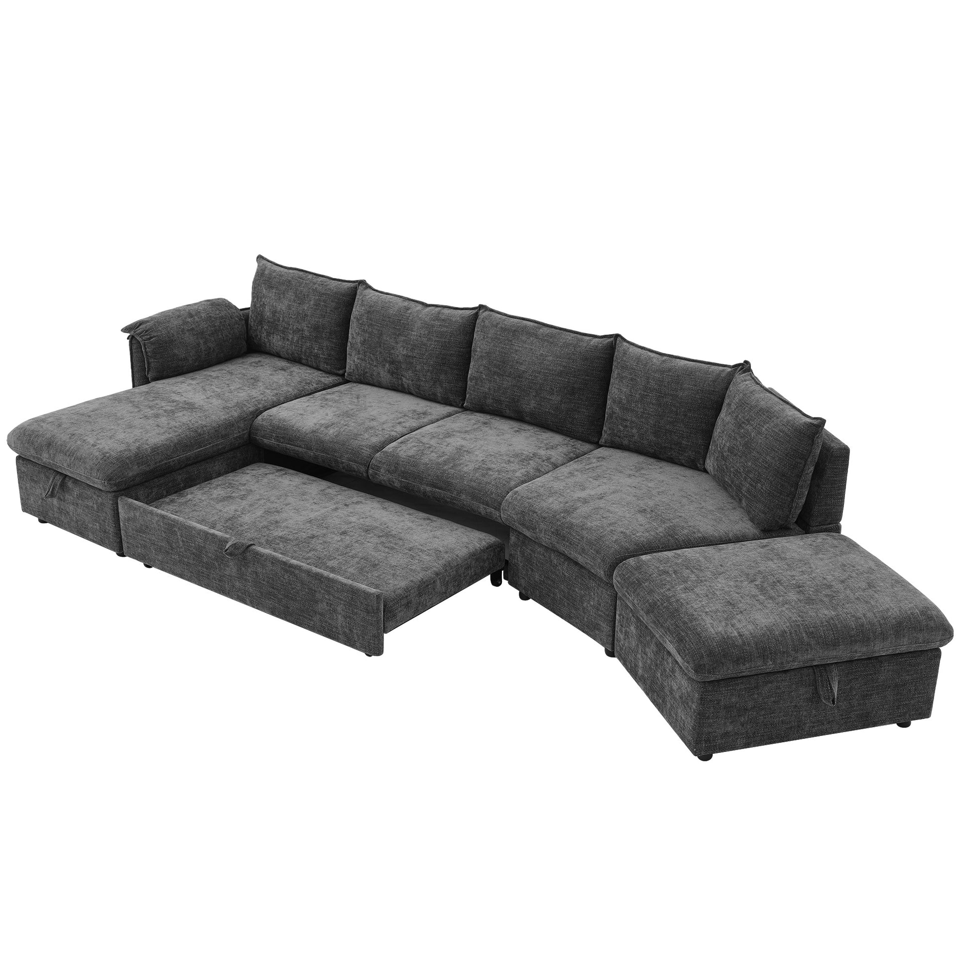 146.9" L Shaped Sofa Sectional Sofa Couch Pull Out Sofa Bed With A Movable Storage Ottoman, A Storage Chaise Lounge And Two Usb Ports For Living Room, Grey Grey Foam Linen 5 Seat