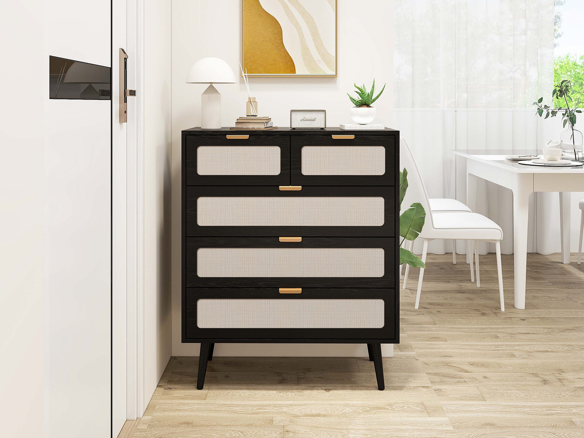 5 Drawer Cabinet, Accent Storage Cabinet, Suitable For Living Room, Bedroom, Dining Room, Study Black Mdf