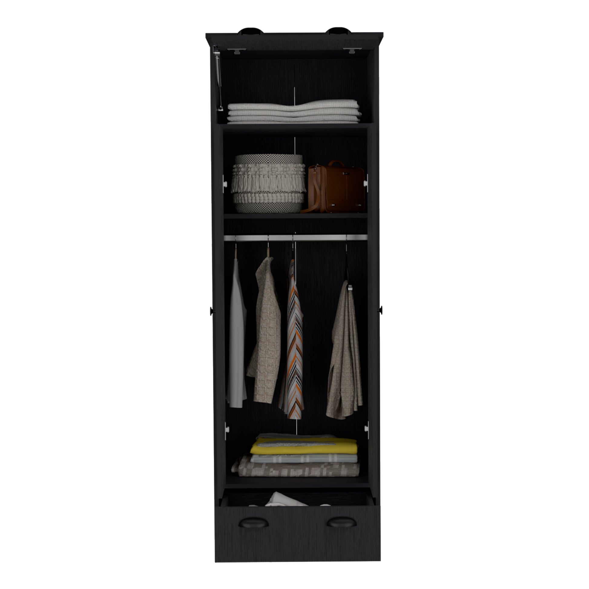 Falkland Armoire With 1 Drawer And 1 Hinged Drawer With Handles Black Black Bedroom Modern Particle Board