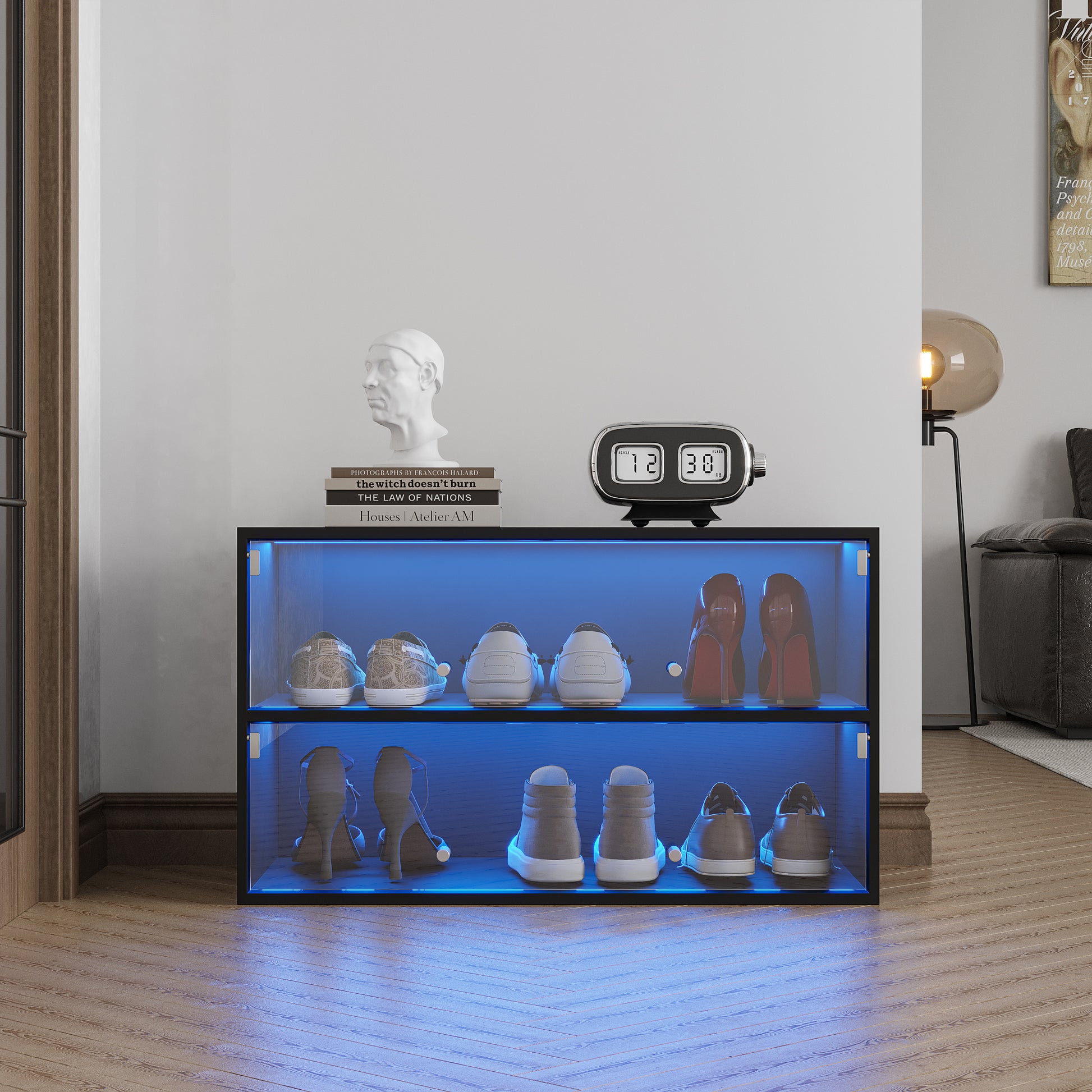 Black Glass Door Shoe Box Shoe Storage Cabinet With Rgb Led Light Black Mdf