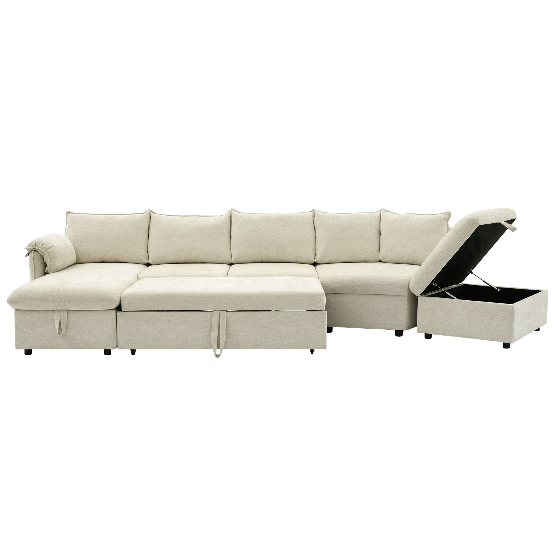 146.9" L Shaped Sofa Sectional Sofa Couch Pull Out Sofa Bed With A Movable Storage Ottoman, A Storage Chaise Lounge And Two Usb Ports For Living Room, Beige Beige Foam Linen 5 Seat