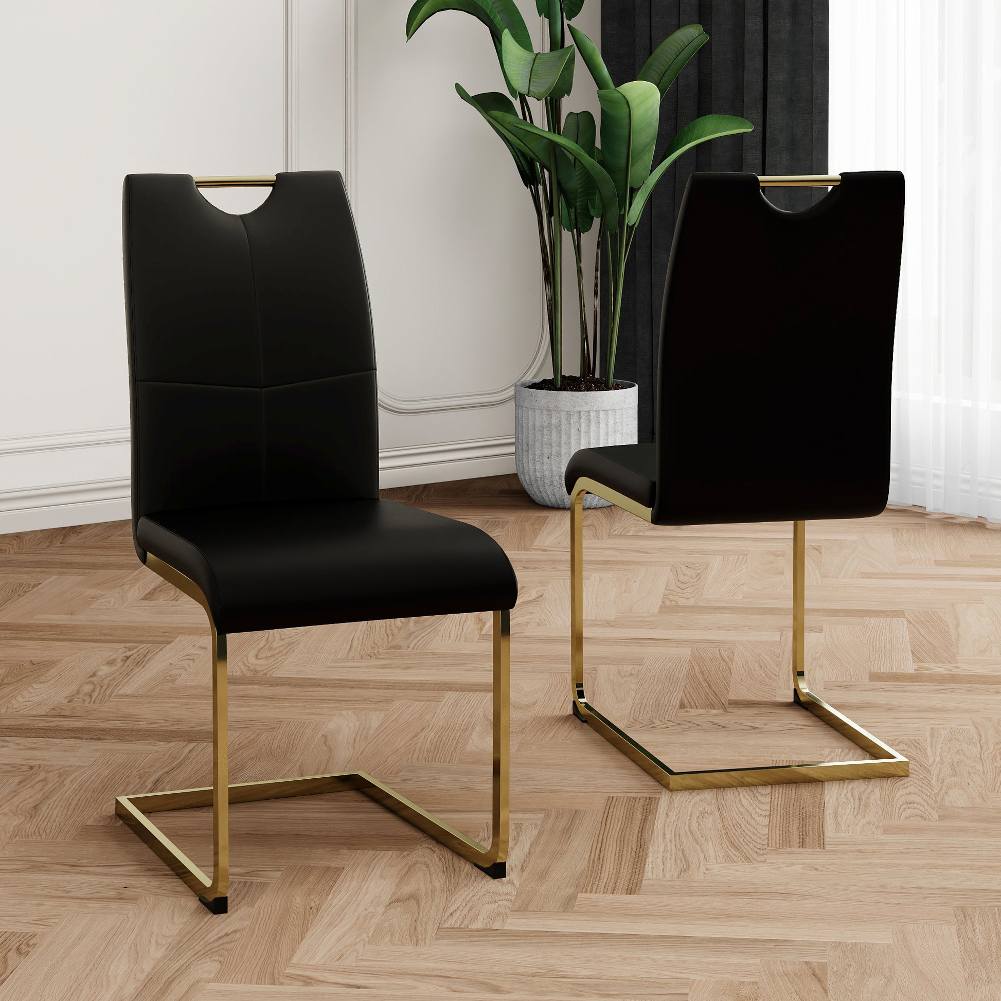 Modern Dining Chairs With Faux Leather Padded Seat Dining Living Room Chairs Upholstered Chair With Gold Metal Legs Design For Kitchen, Living, Bedroom, Dining Room Side Chairs Set Of 2 Black Gold Metal