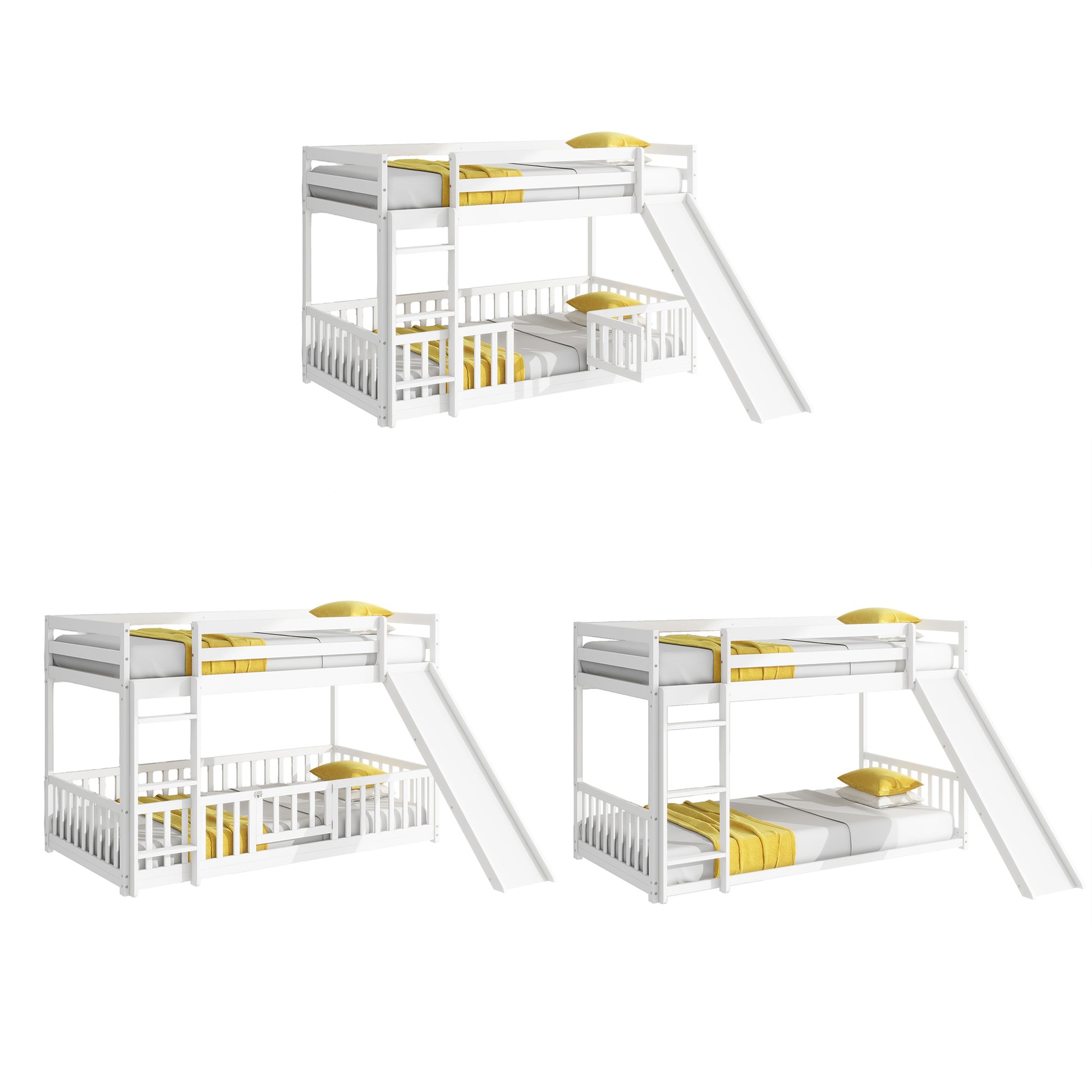 Twin Over Twin Floor Bunk Bed With Slide, Ladder, Door, Safety Guardrails, Solid Pine Wood Bunk Bed ,White Twin White Pine