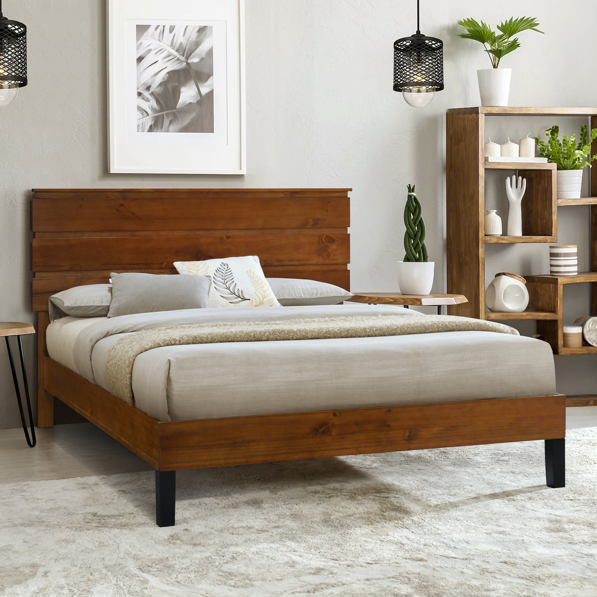 Mid Century Modern Solid Wood Bed Frame Queen Size Platform Bed With Three Piece Headboard Design, No Box Spring Needed, Brown Queen Brown Pine