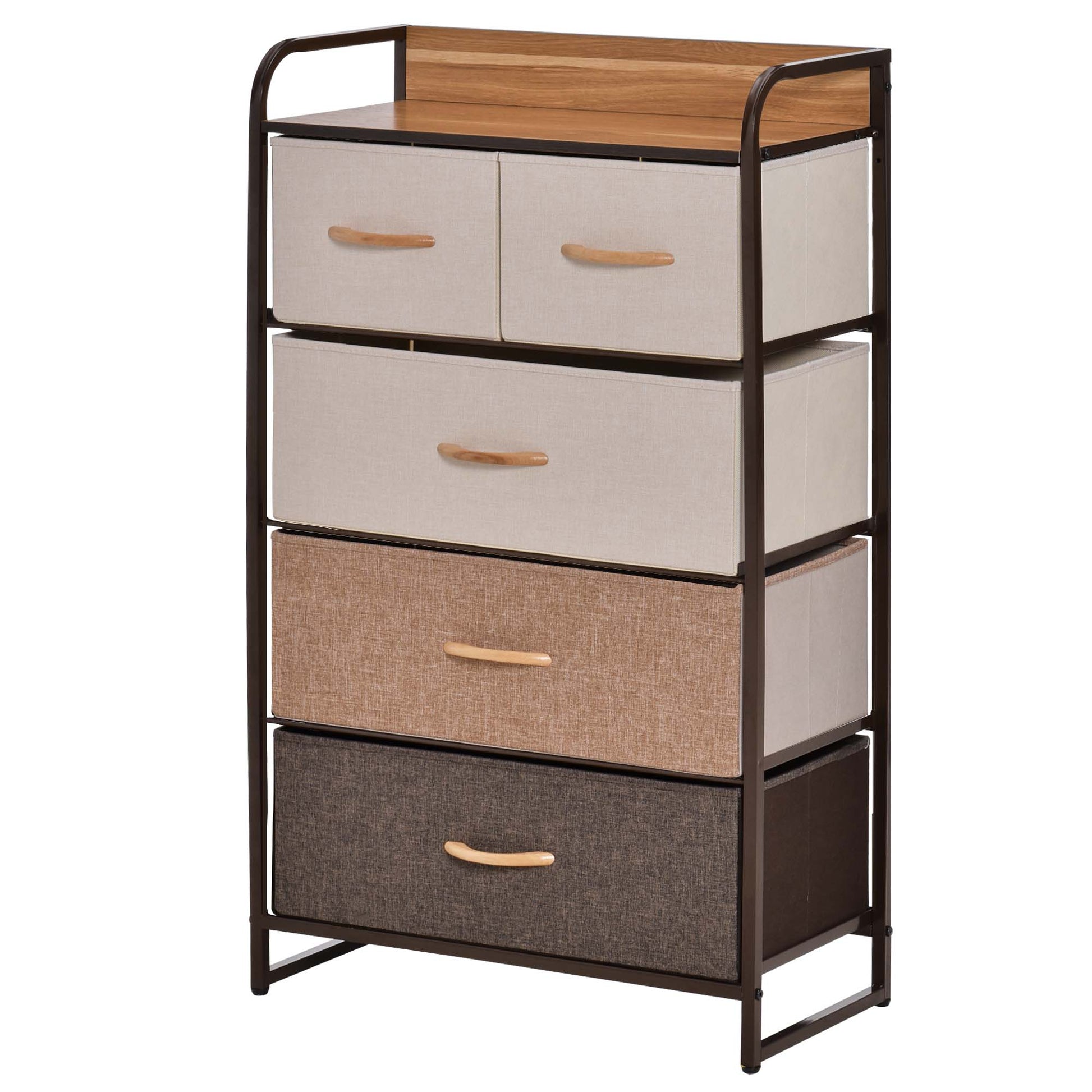 Homcom 5 Drawer Dresser, Fabric Drawers, 4 Tier Storage Organizer For Bedroom Entryway, Tower Unit With Steel Frame Wooden Top, Maple Wood Brown Mdf