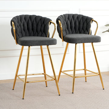 Modern Design High Stool Gold Plated Legs Kitchen Dining Dark Grey Linen Bar Chair, Suitable For Cafe Bar Restaurant Set Of 2 Metal Dark Gray Flannelette