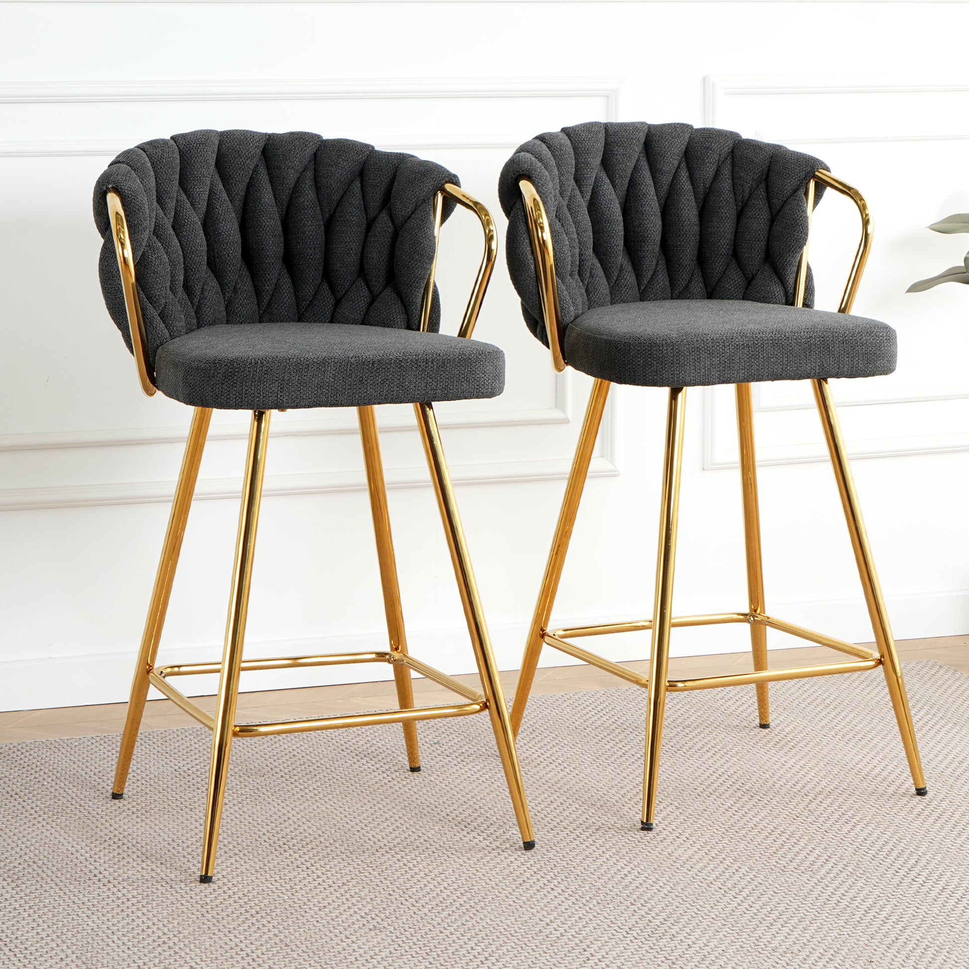 Stylish Dark Grey Cotton And Linen Design, Gold Plated Metal Legs, Round Tempered Glass Countertop, Bar Chair Cover, Suitable For Bar, Restaurant, Bedroom Bar Chair, Set Of 3 Metal Dark Gray Seats 2