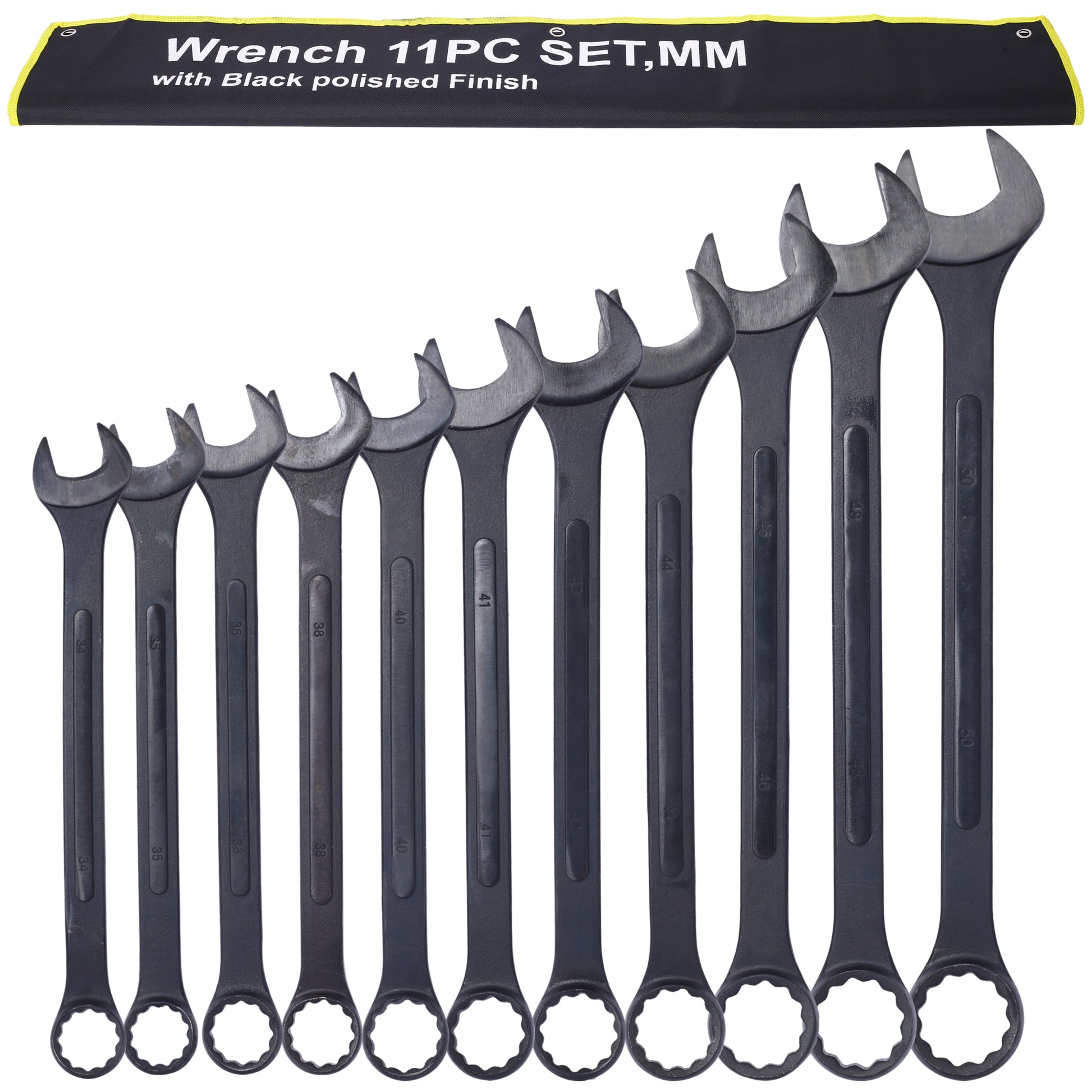 Jumbo Combination Wrench Set Extra Large, Metric, 11 Piece, 34 To 50Mm,Black Oxide, With Pouch Black Carbon Steel