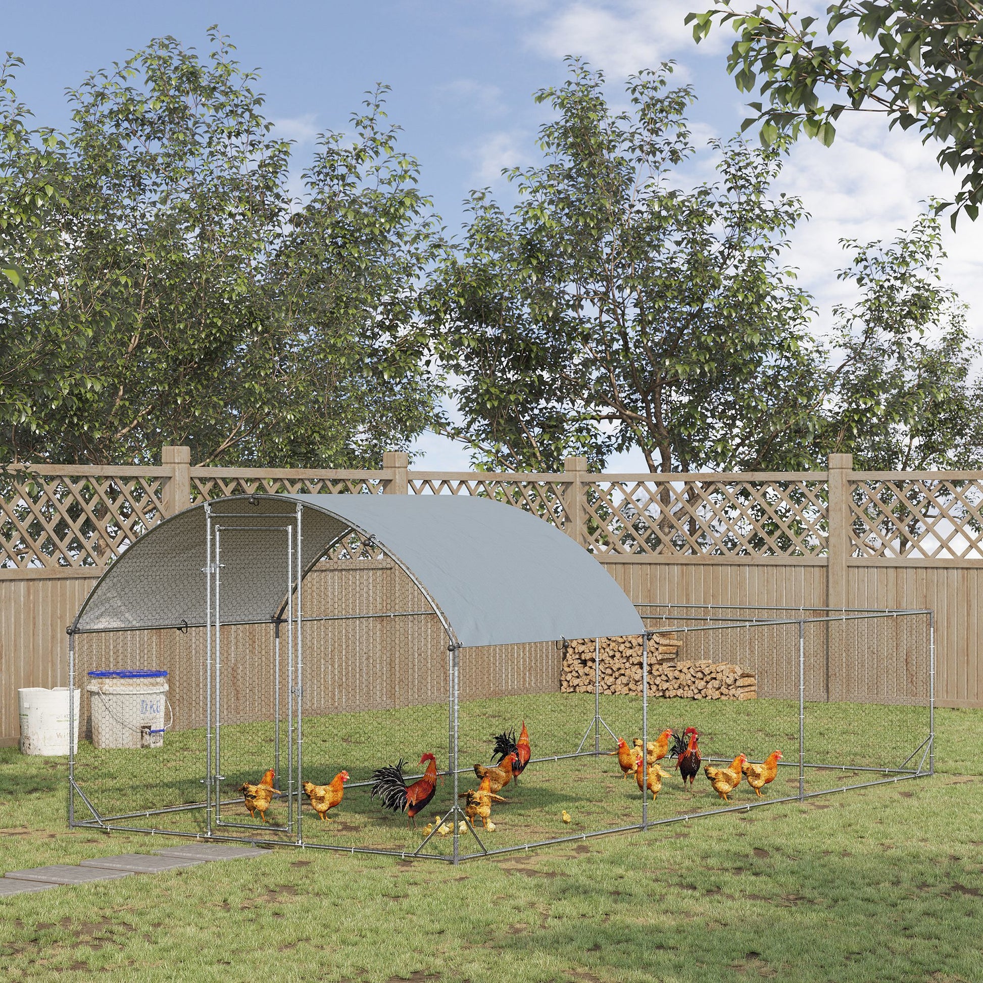 Pawhut Large Chicken Coop Metal Chicken Run For Chickens With Waterproof And Anti Uv Cover, Dome Shaped Walk In Fence Cage Hen House For Outdoor And Yard Farm Use, 1" Dia, 9.2' X 18.7' X 6.4' Silver Steel