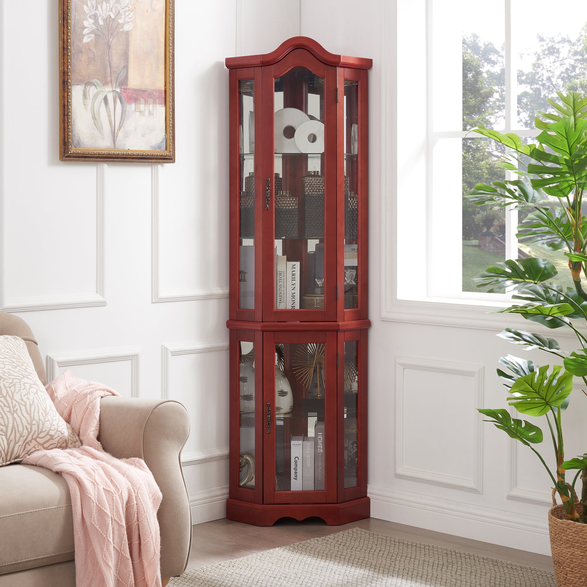 Curio Cabinet Lighted Glass Display Curio Cabinet W Tempered Glass Doors And Shelves, Crown Corner Cabinet With Bulb, Corner Storage Decoration For Living Room And Bedroom Cherry Cherry Mdf