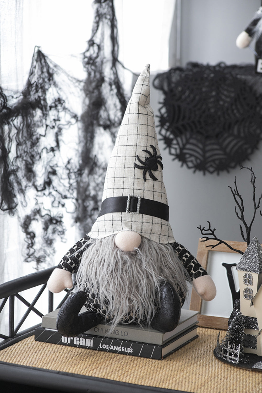 Set Of 2, 10.2X5.5X23.5" Fabric Sitting Gnome With White Hat Spider, For Halloween Decor Black White Polyester