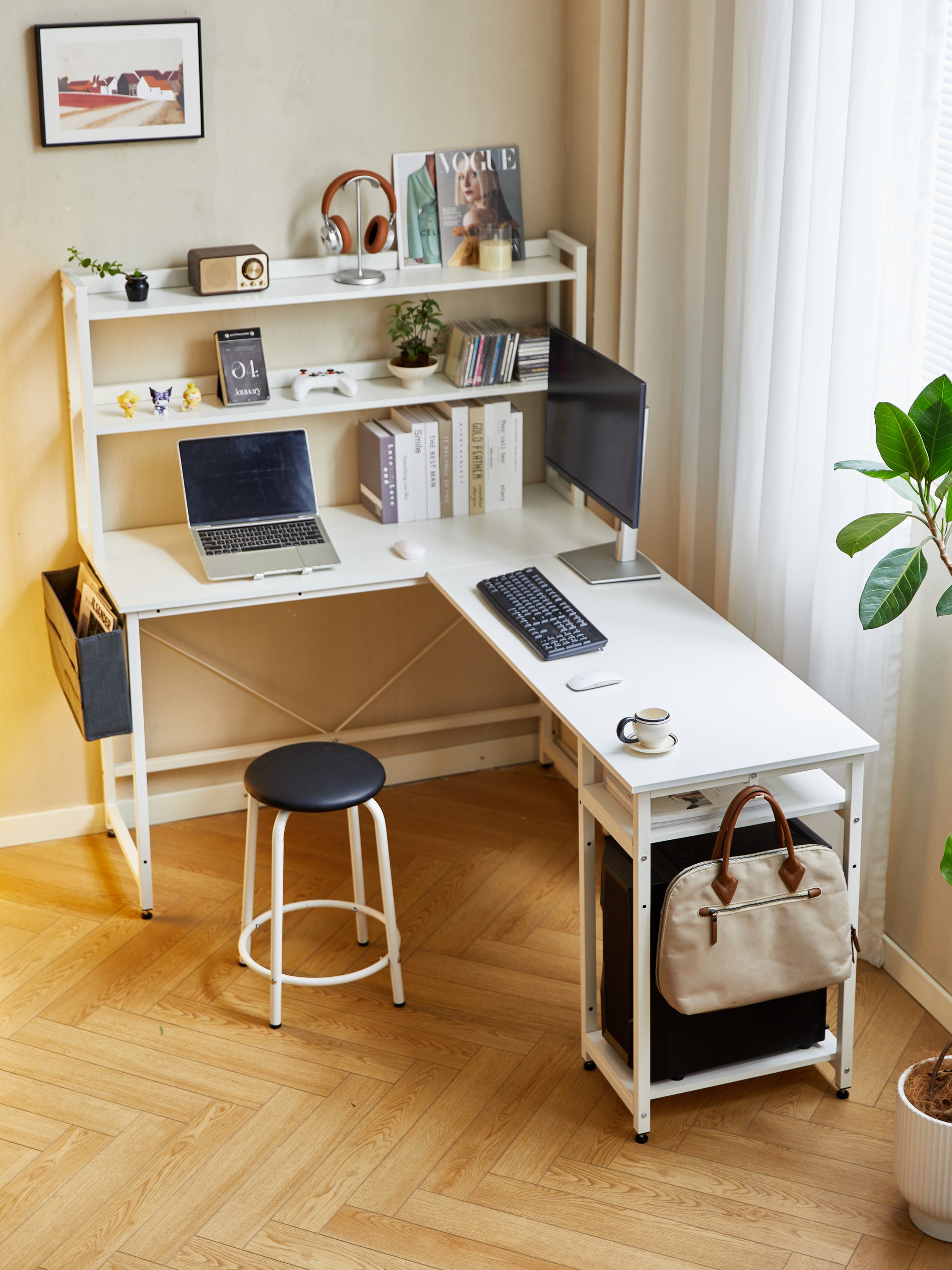 94.5 Inch Home Office Desk L Shape Gaming Desk With Storage Shelves And Stool White Mdf Metal