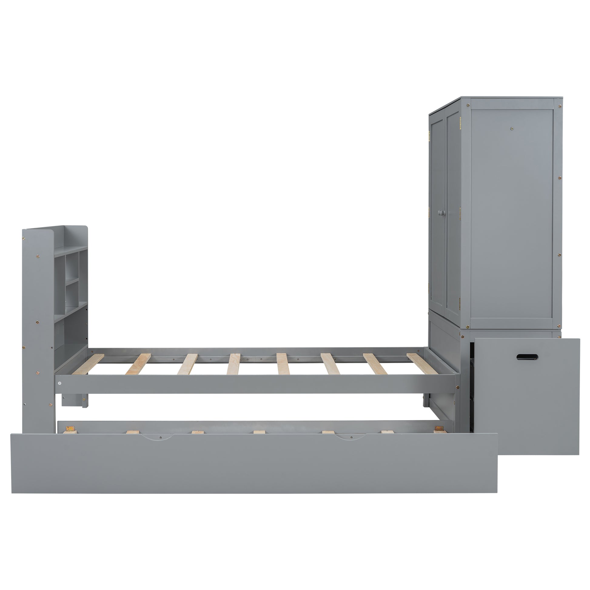 Twin Size Platform Bed With Storage Headboard And Footboard, Pull Out Shelves And Twin Size Trundle, Gray Box Spring Not Required Twin Gray Wood Bedroom Bed Frame Solid Wood Mdf