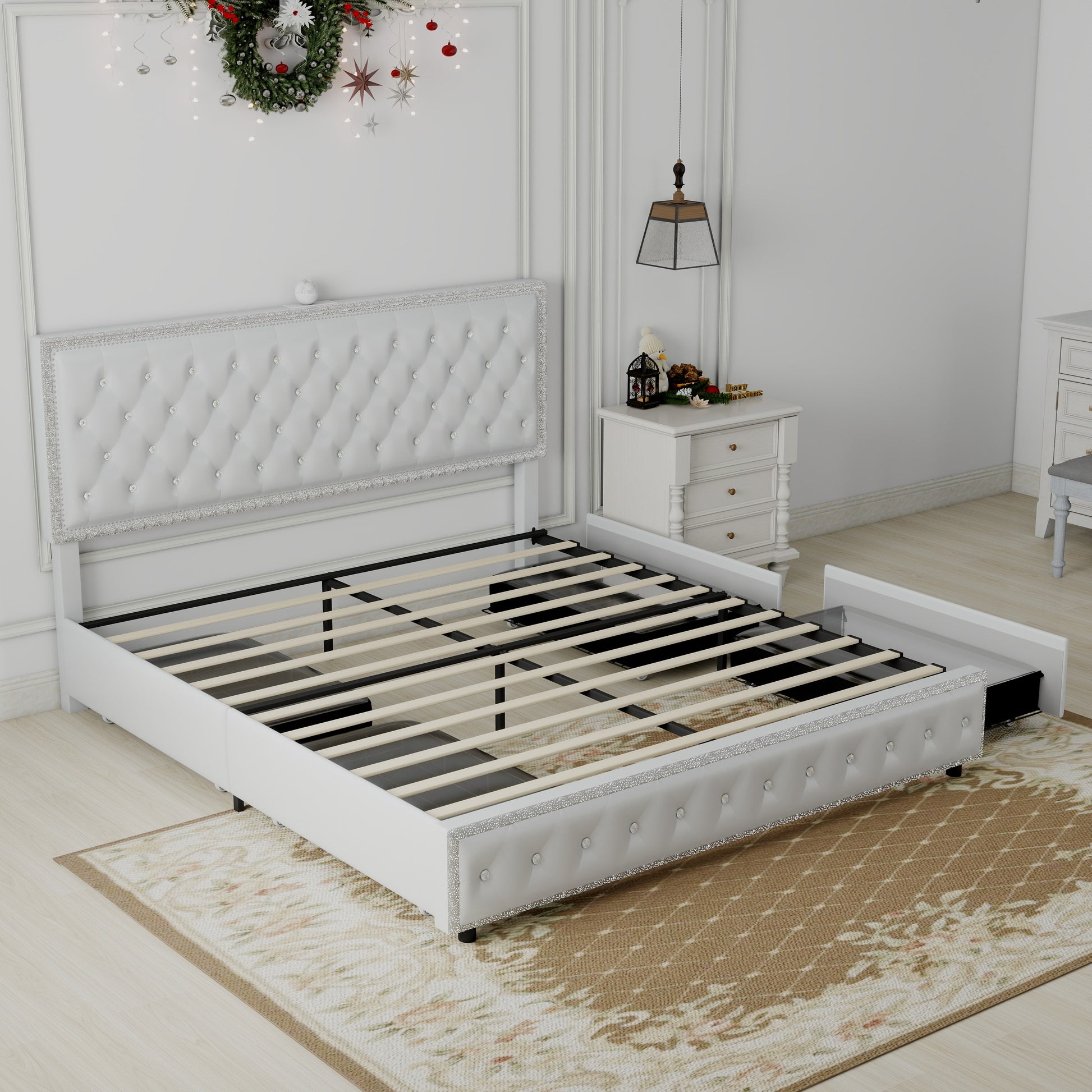 Queen Size Bed Frame With 4 Drawers, Star Galaxy Projector, Usb Charger, Music Speaker, Adjustable Upholstered Headboard With Diamond Button,Pu Leather White Pu Mdf Metal