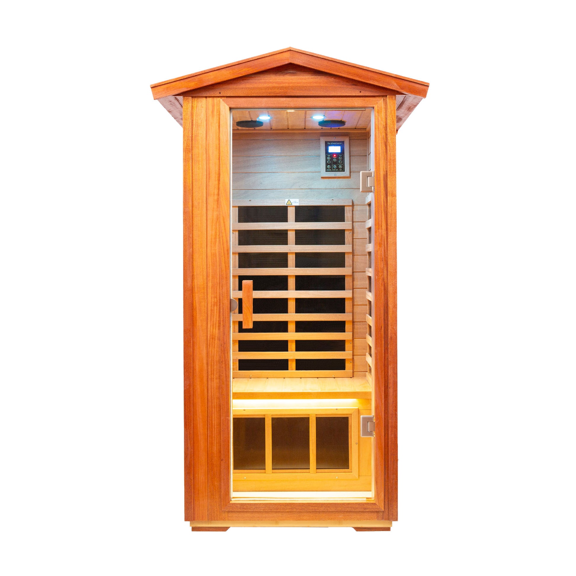 Outdoor Khaya Wood One Person Far Infrared Sauna Room Natural Wood Metal & Wood