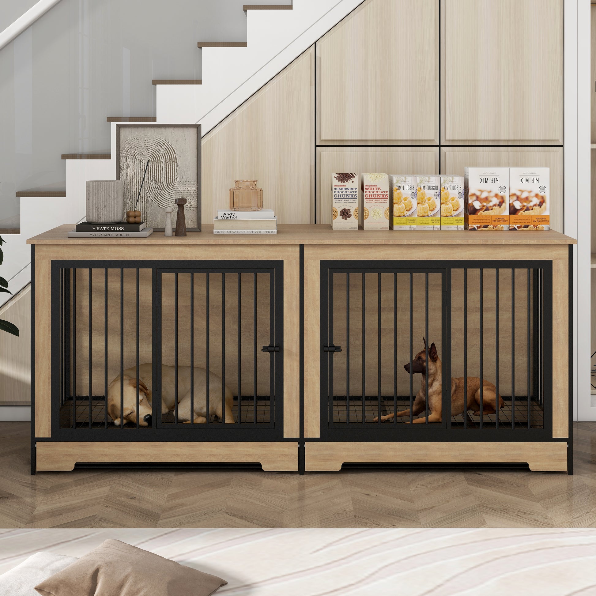 Dog Crate Furniture With Two Combined Room, Xl Large Double Dog Cage Furniture With Tray For Medium Large Dogs, Wooden Dog Kennel Furniture Black Natural Mdf Iron